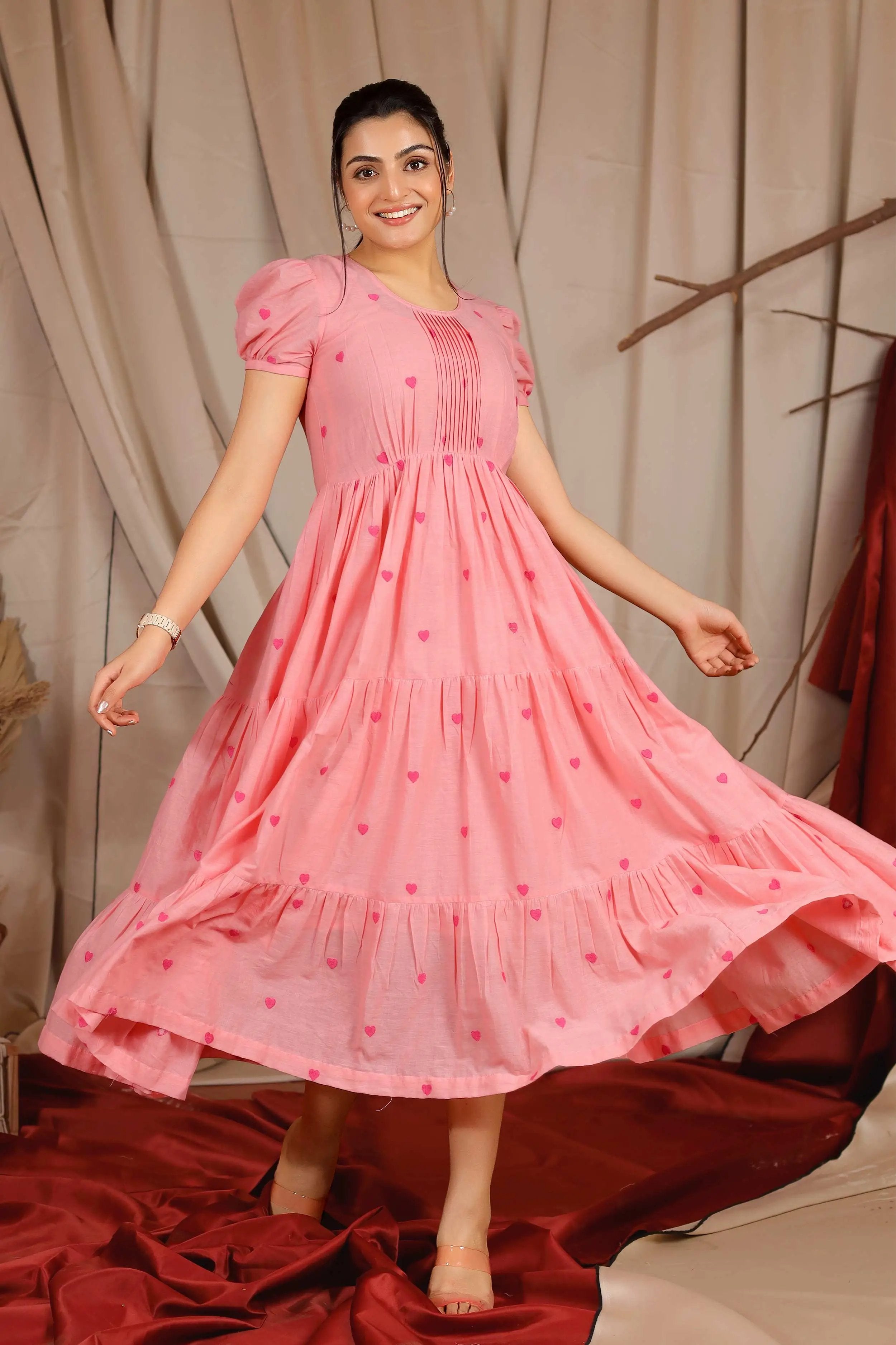 Exclusive Long Dresses Blowsy Summer Midi Dress in Pink