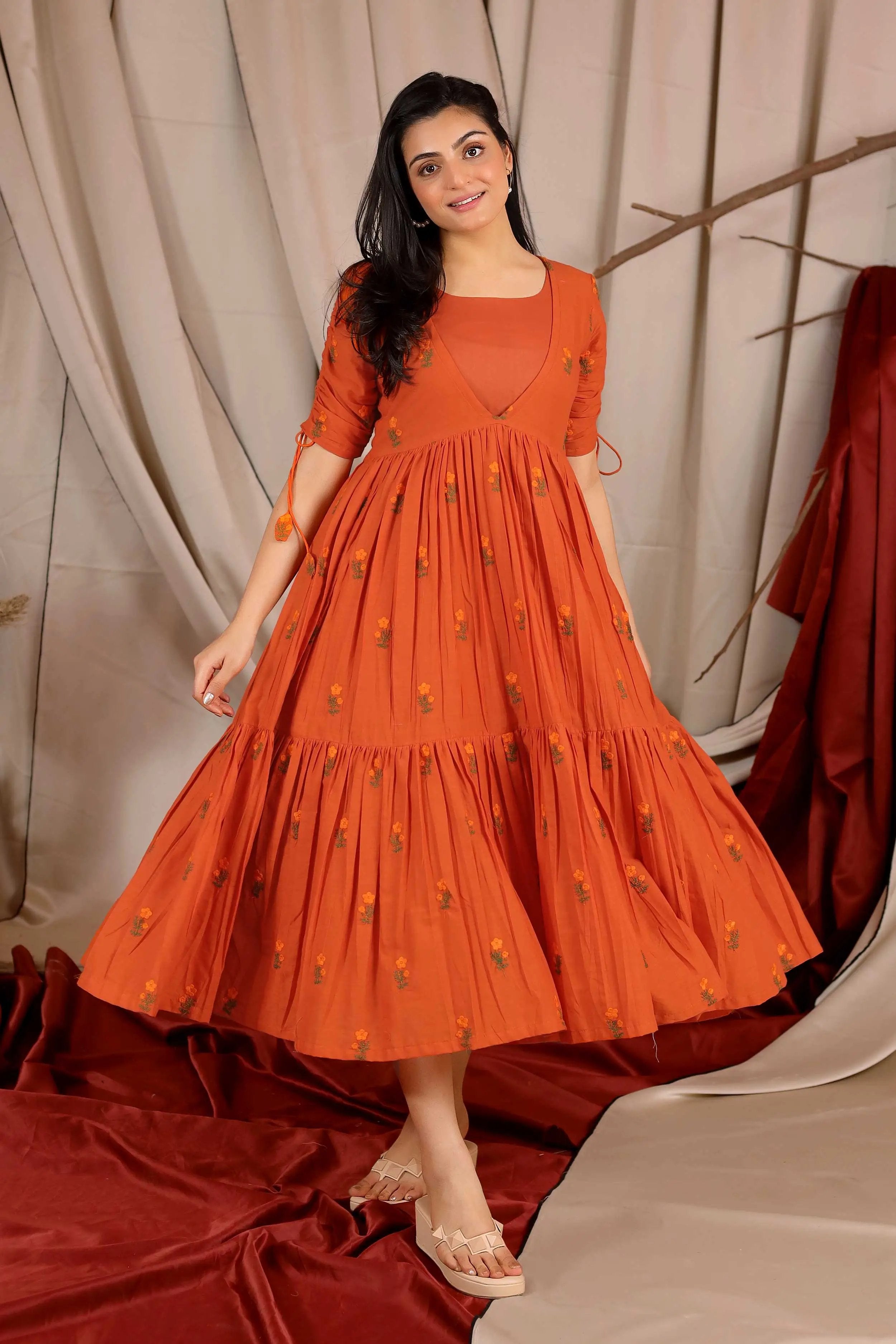 Exclusive Long Dresses Tangerine Cotton Midi Dress in Yam