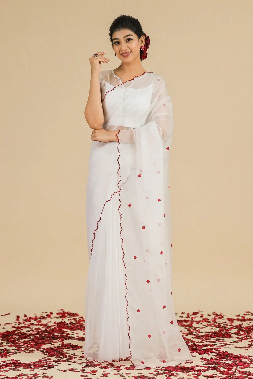 a woman in white Anuraga Organza Saree - Bullionknot