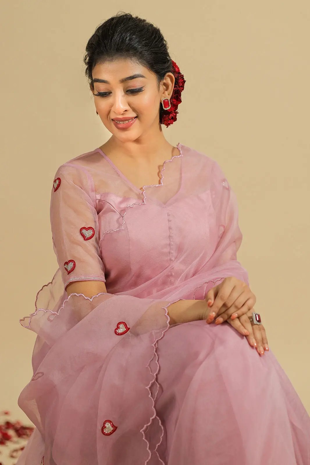 a woman in pink Heeya Organza Saree - Bullionknot