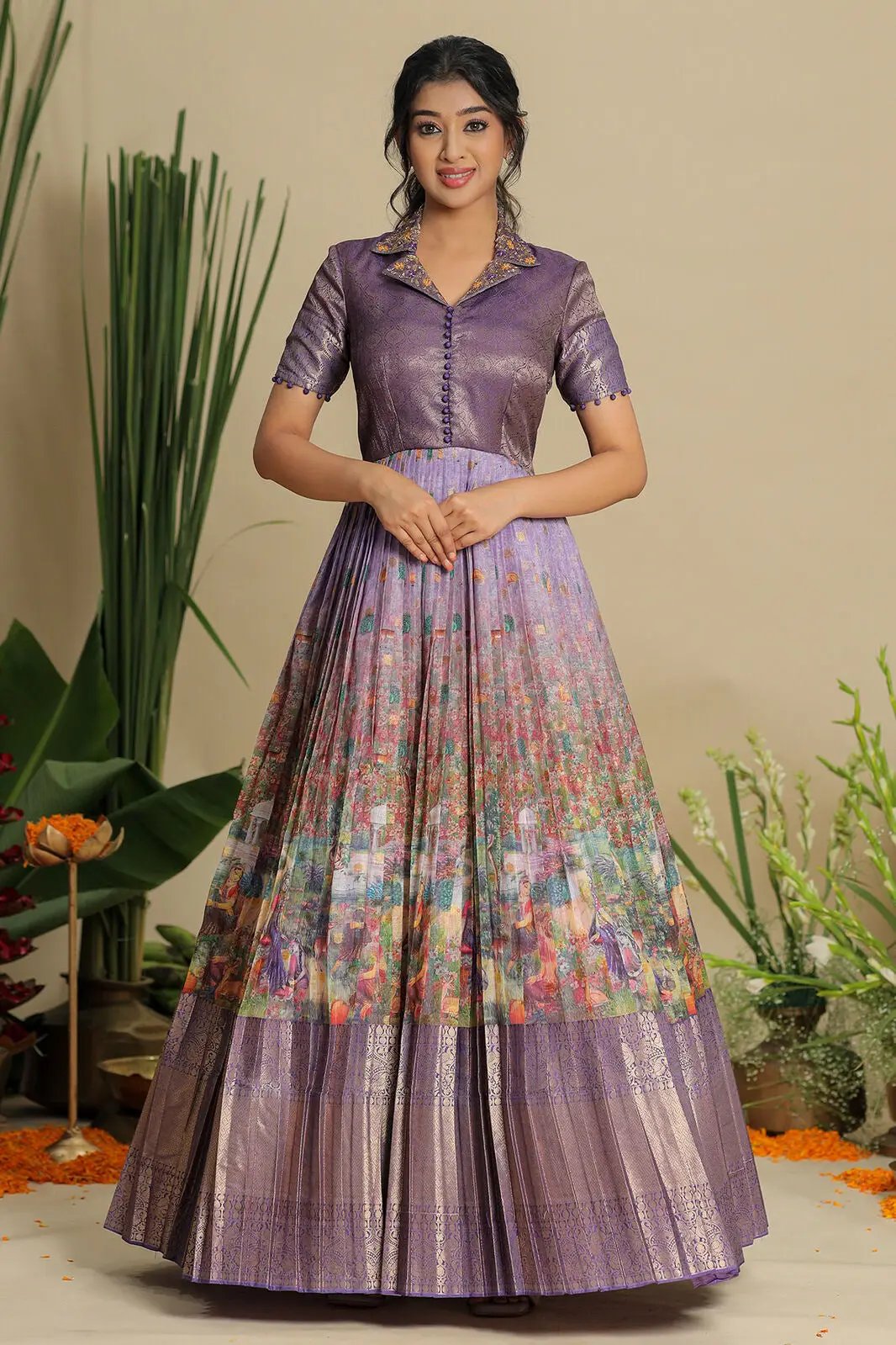 Lavender Banarasi dress with floral design and zari work