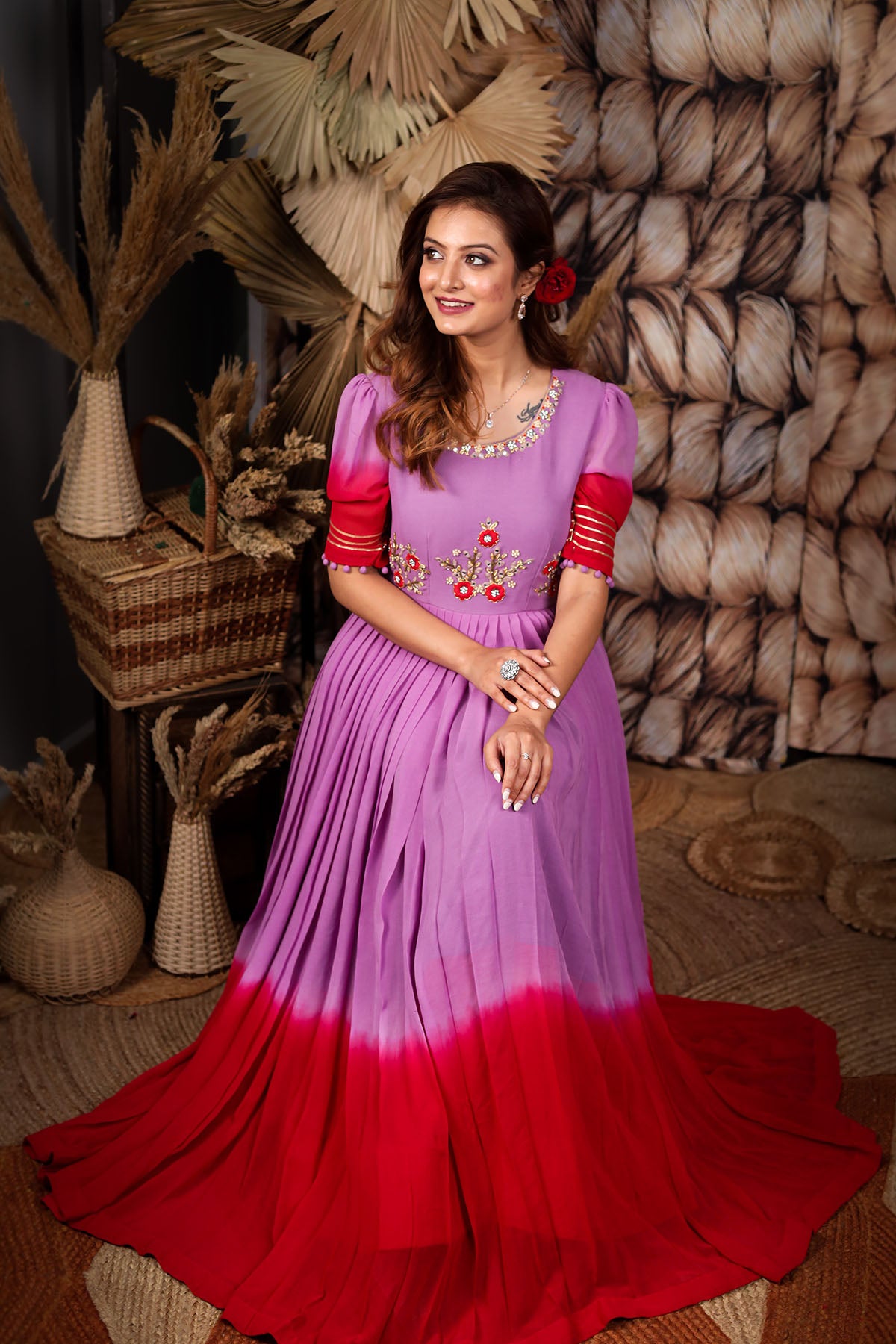RE - Pink Mulberry Coloured Party Wear Georgette Gown With Dupatta -  Featured Product