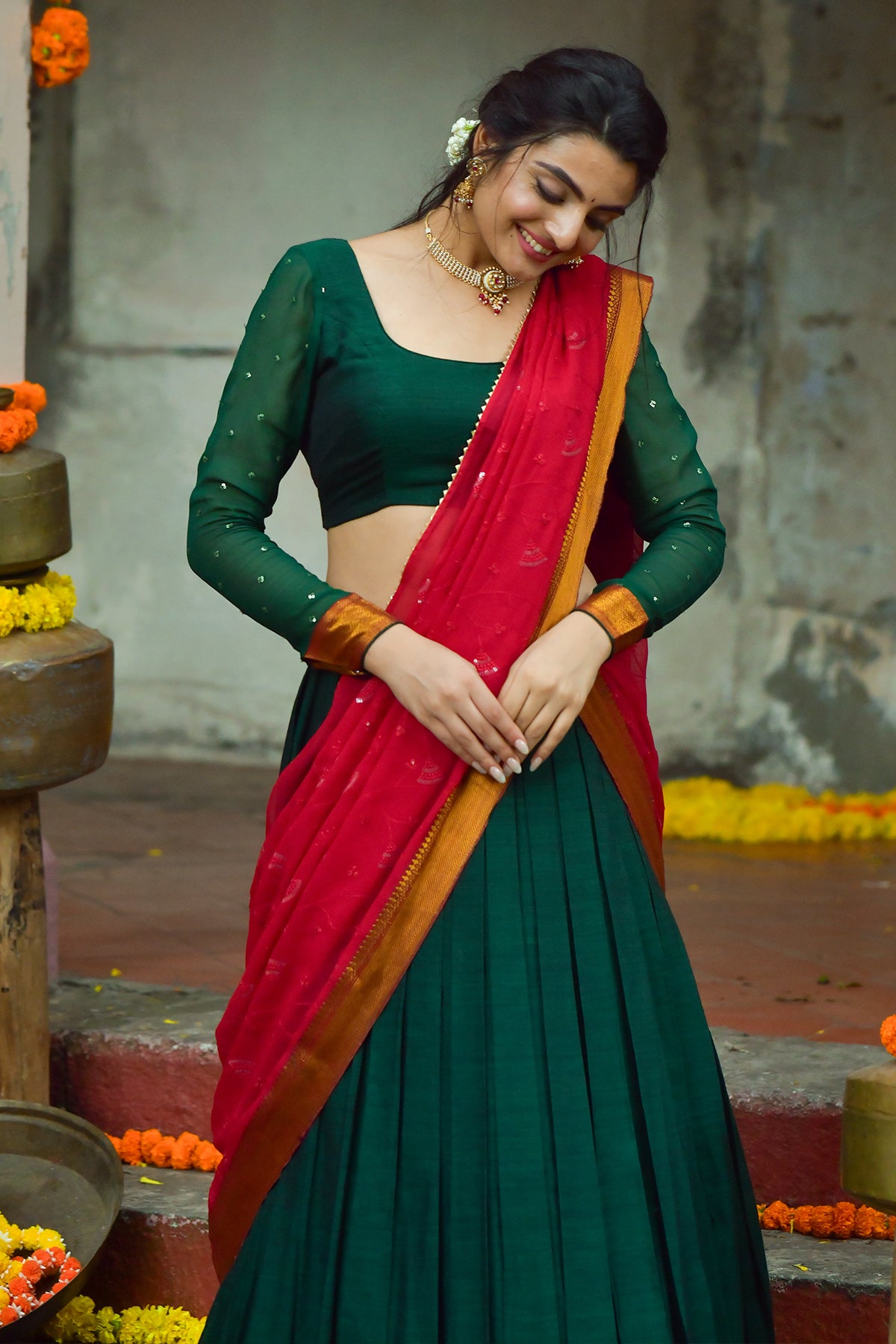 Dhruvika Halfsaree Lehenga Set In Green