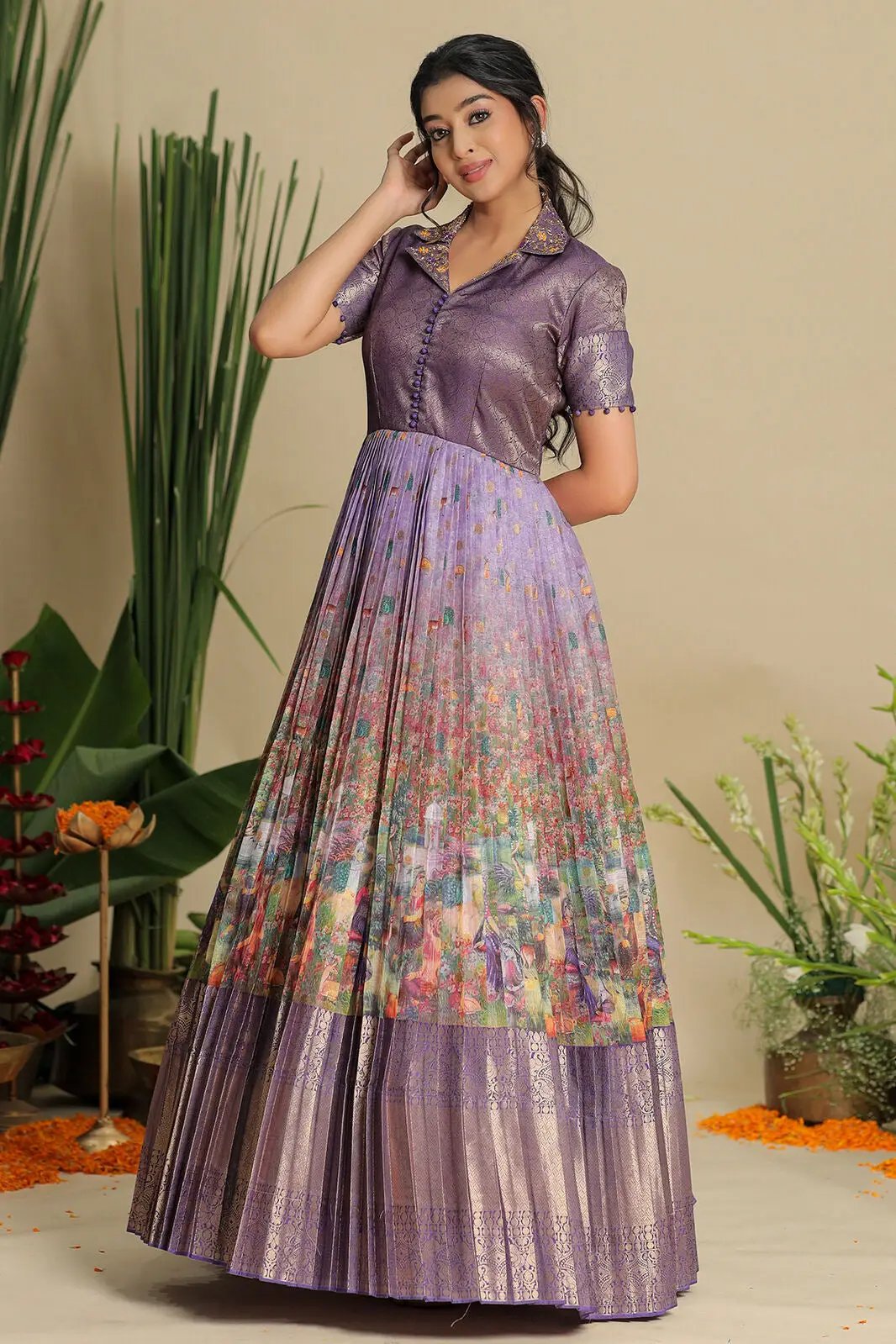 Elegant lavender Banarasi dress with pleated skirt and zari