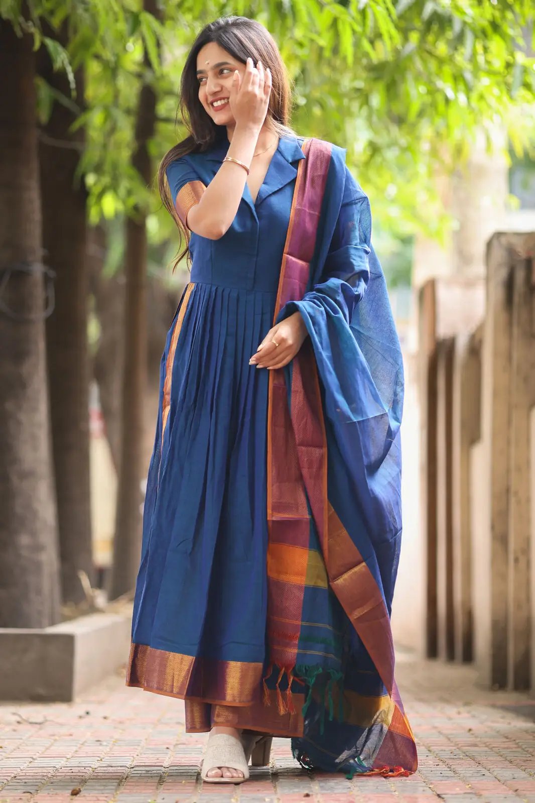 Yale Blue Handloom Suit Set with colorful dupatta