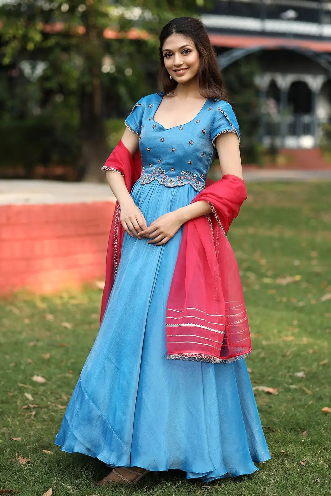 Tissue Anarkali Suit Set in Ariel Powder Blue