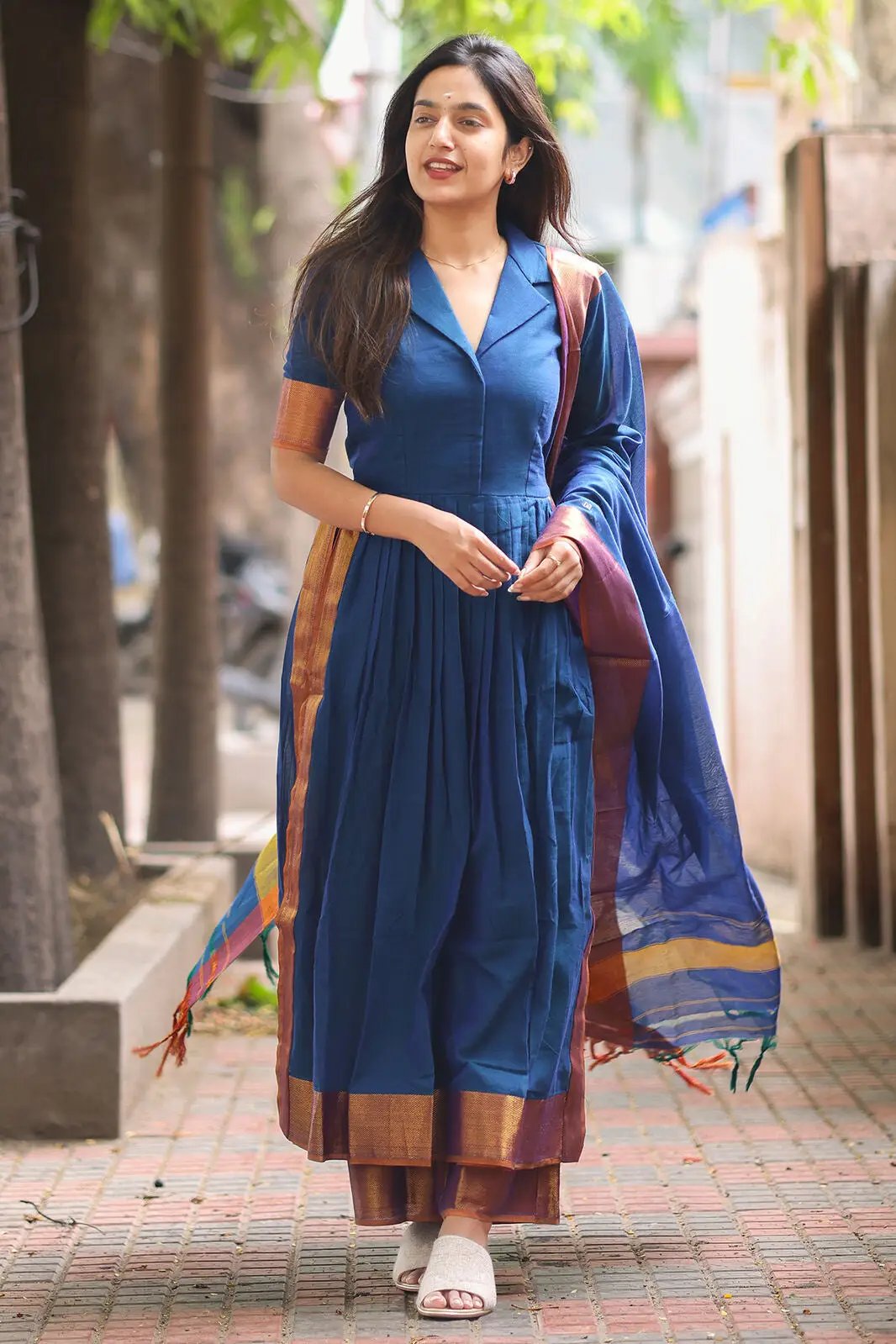 Full view of Yale Blue Handloom Suit Set with dupatta