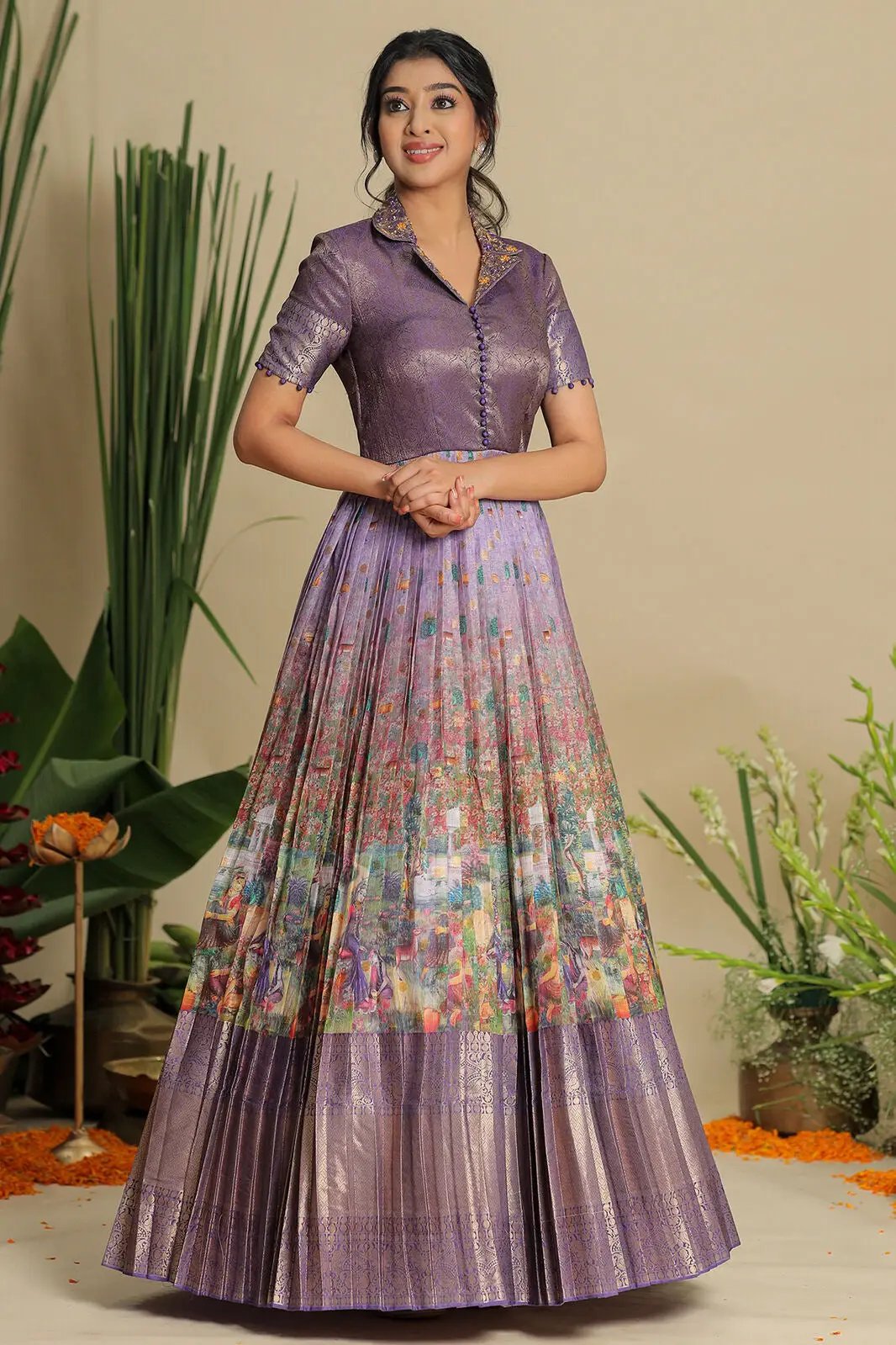 Lavender Banarasi dress featuring floral motifs and zari