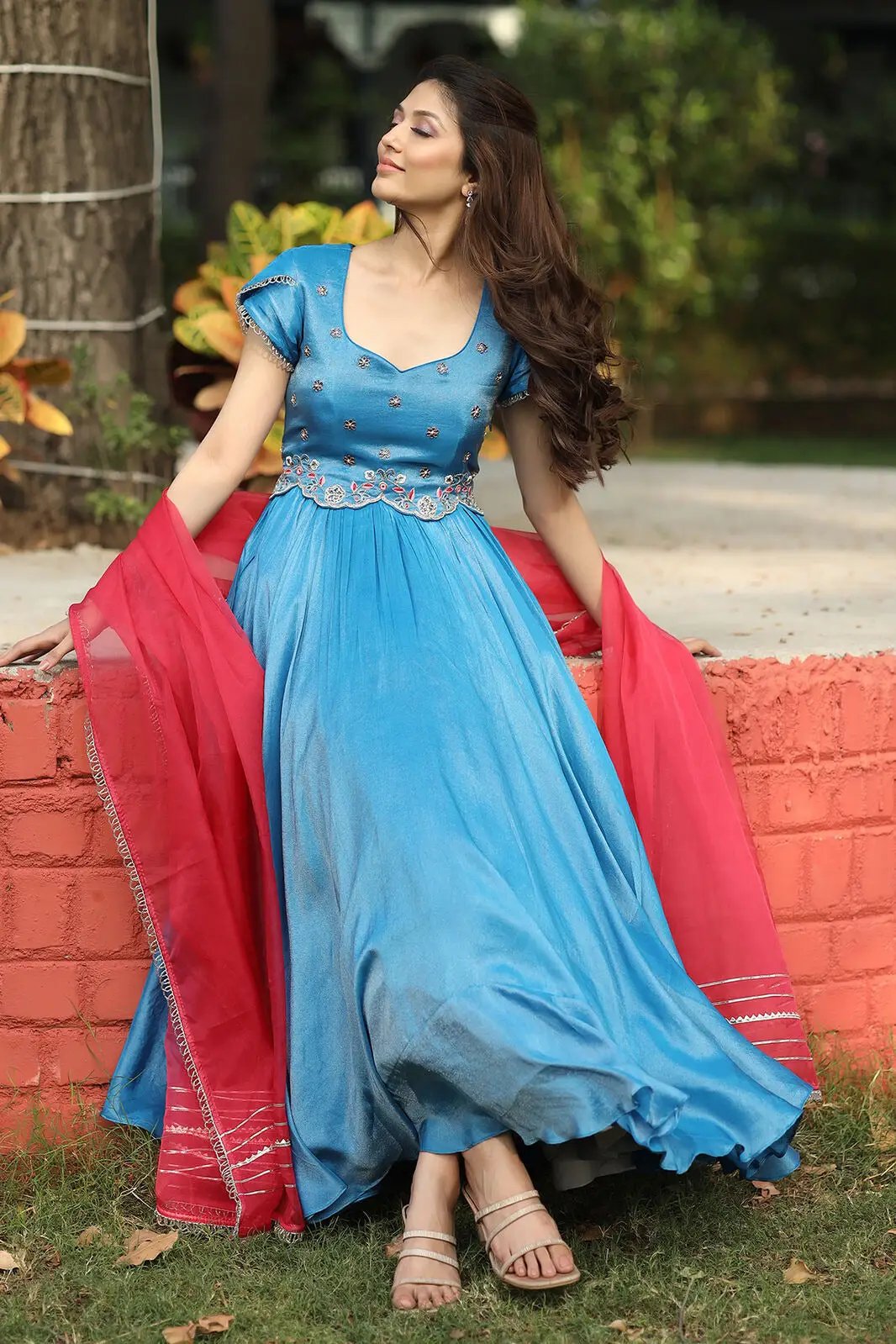 Tissue Anarkali Suit Set in Ariel Powder Blue