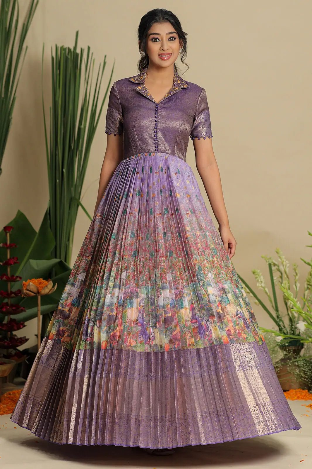 Full view of lavender Banarasi dress with floral and zari design