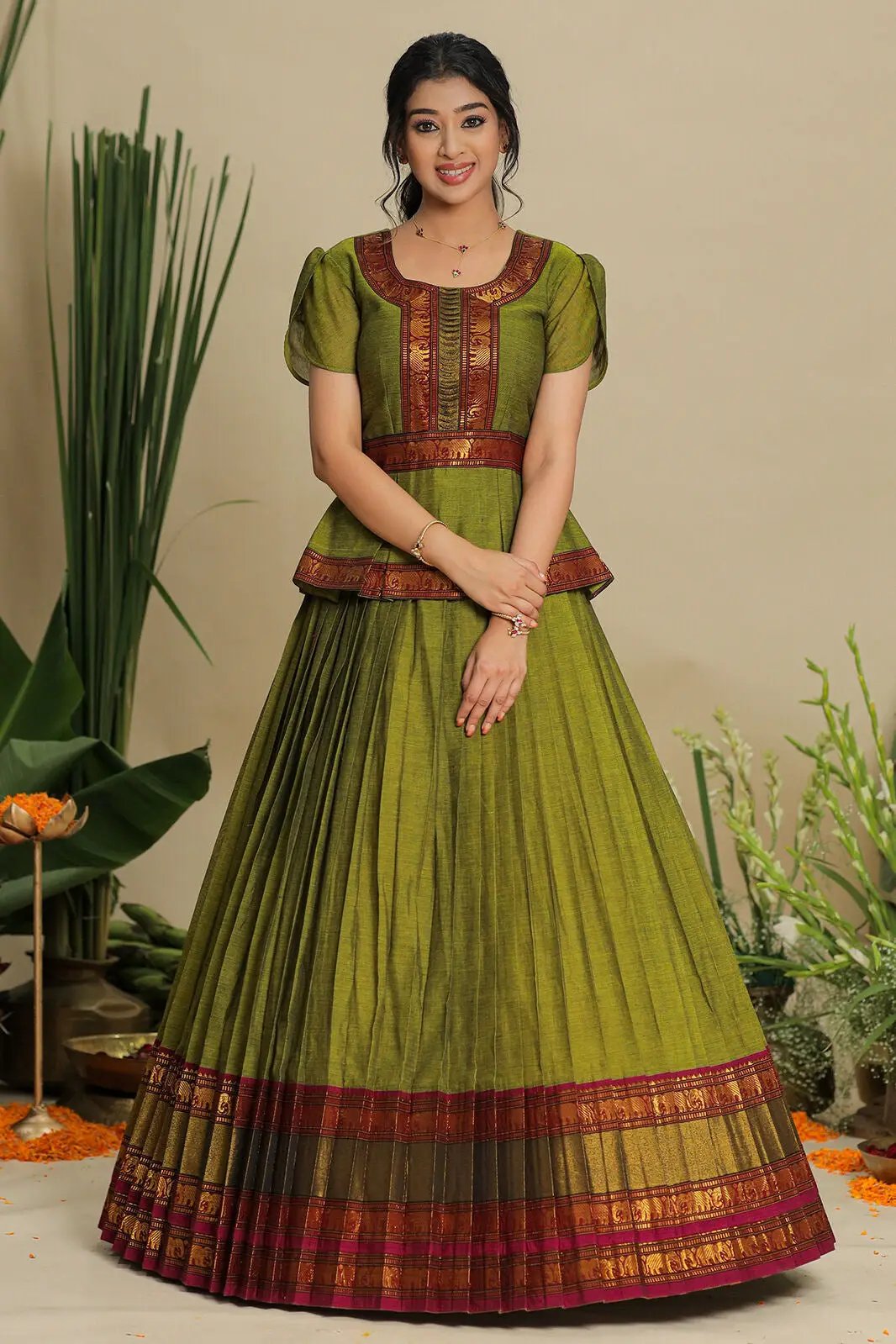 Vishruti Narayanpet Lehenga Set in Olive