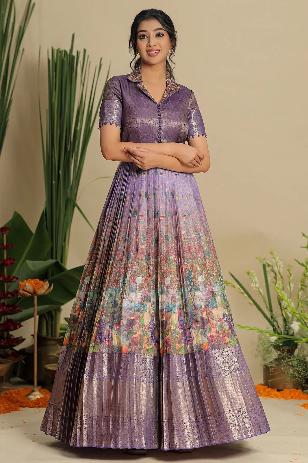 Stylish lavender Banarasi dress with floral and zari accents