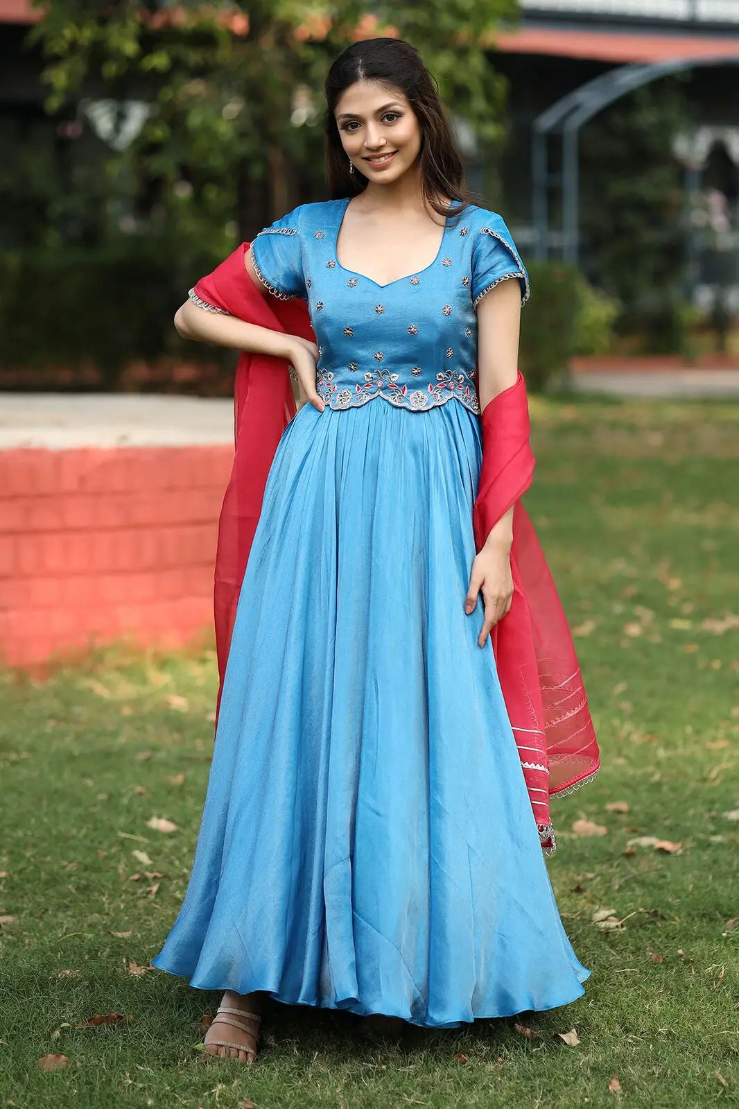 Tissue Anarkali Suit Set in Ariel Powder Blue