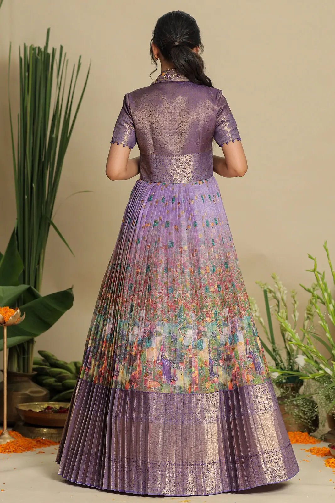 Back view of lavender Banarasi dress with floral and zari details