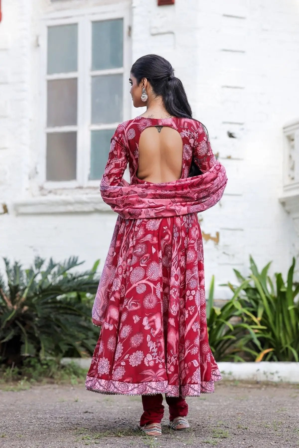 Back view of red Alakhya Anarkali dress