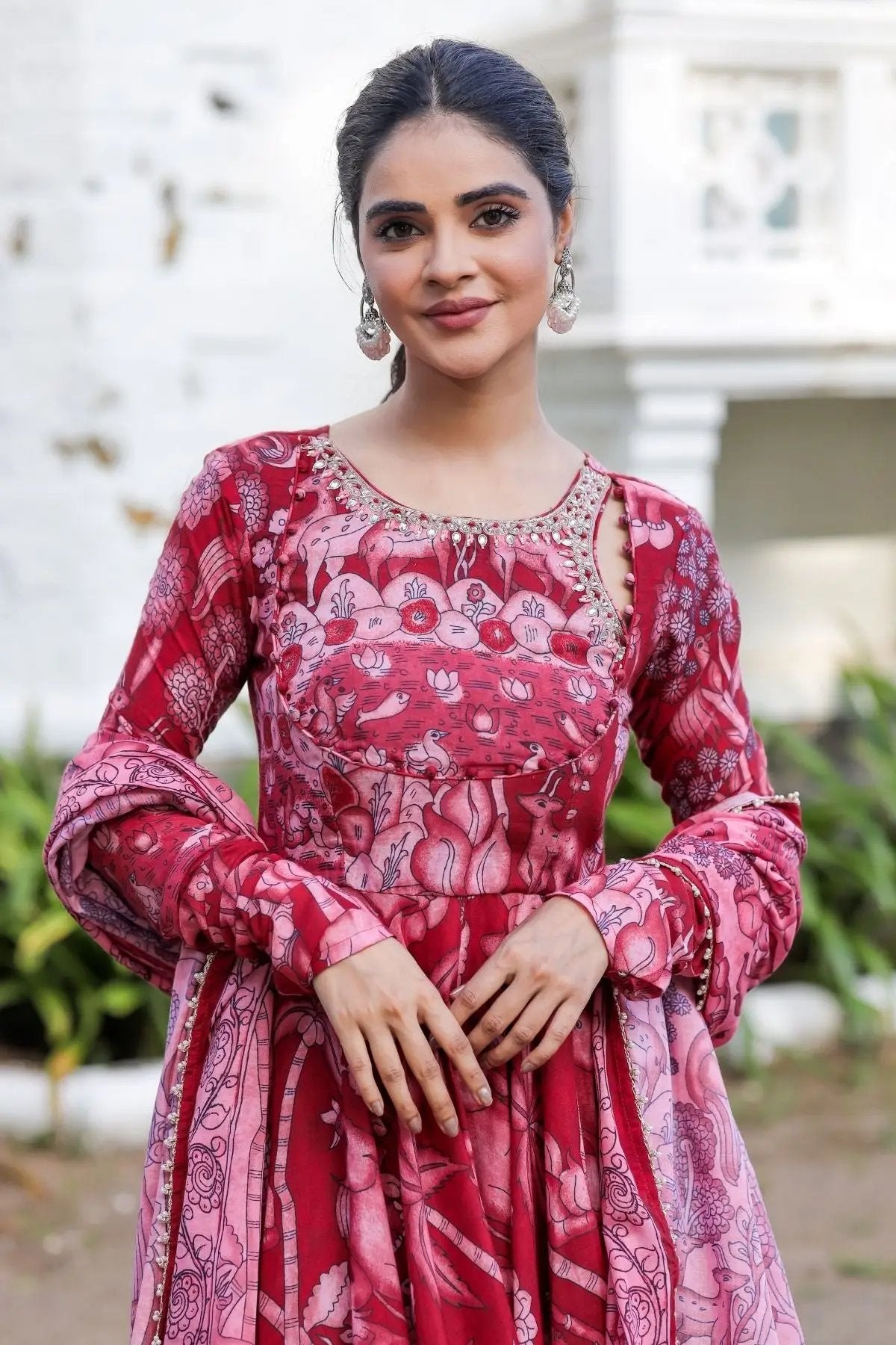 Front view of red Alakhya Anarkali dress