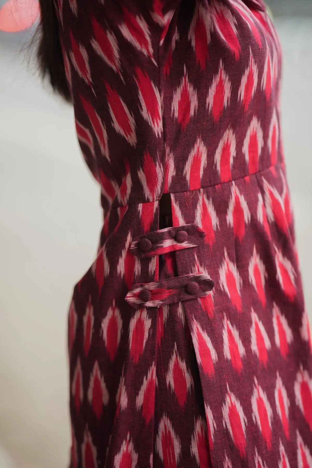 Side detail of Milania Ikkat Co-ord Set in maroon