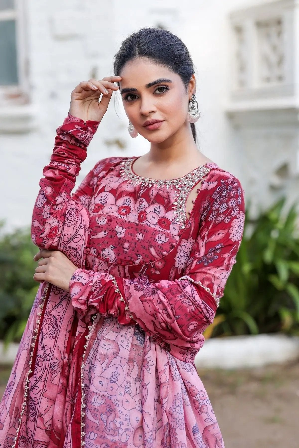 Close-up of red Alakhya Anarkali dress details