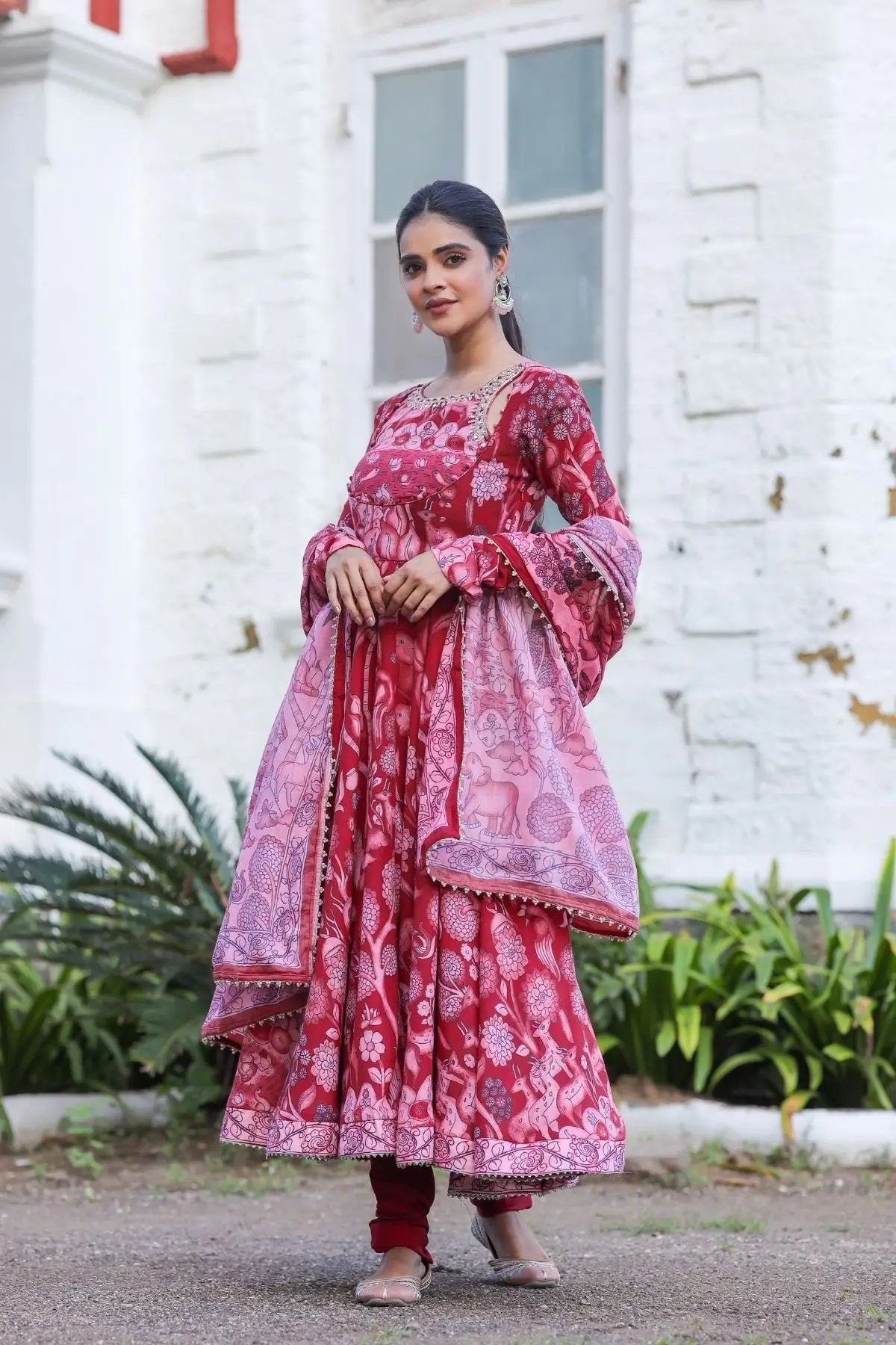 Red Alakhya Anarkali dress with matching dupatta