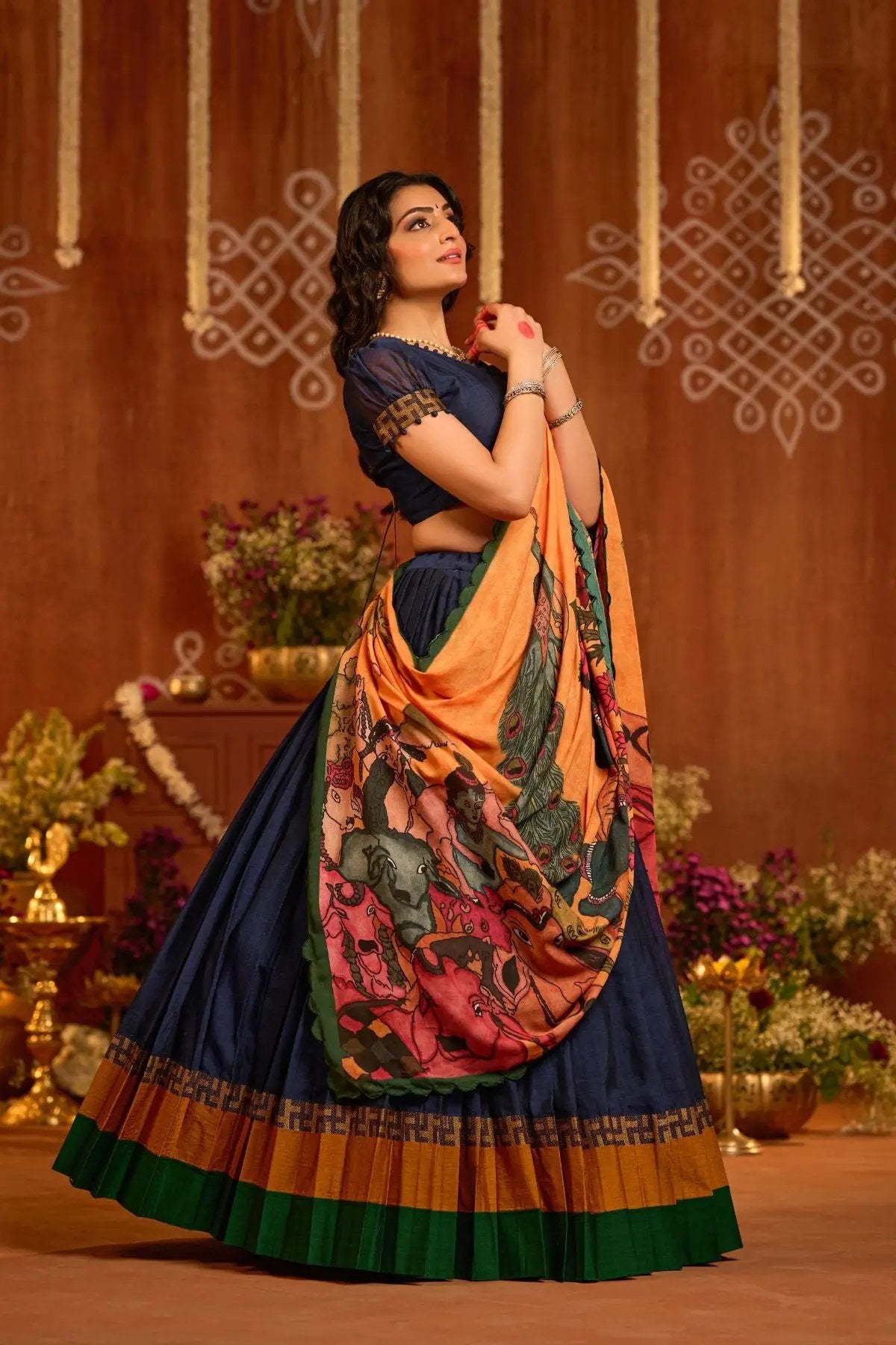 Traditional Chinni Krishna Lehenga Set in Blue, featuring a rich handloom cotton fabric and artistic Krishna Lila motifs, ideal for cultural events.