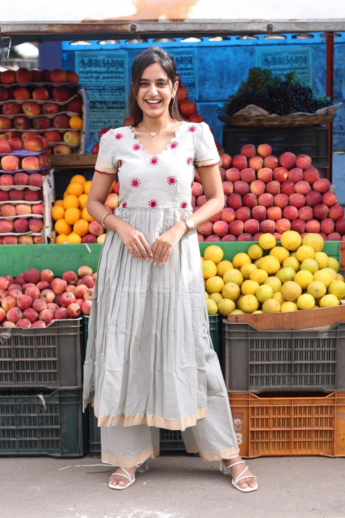 Exclusive Kalki Handloom Kurta Set in Grey, featuring delicate red embroidery and pleated design, perfect for traditional and formal wear.