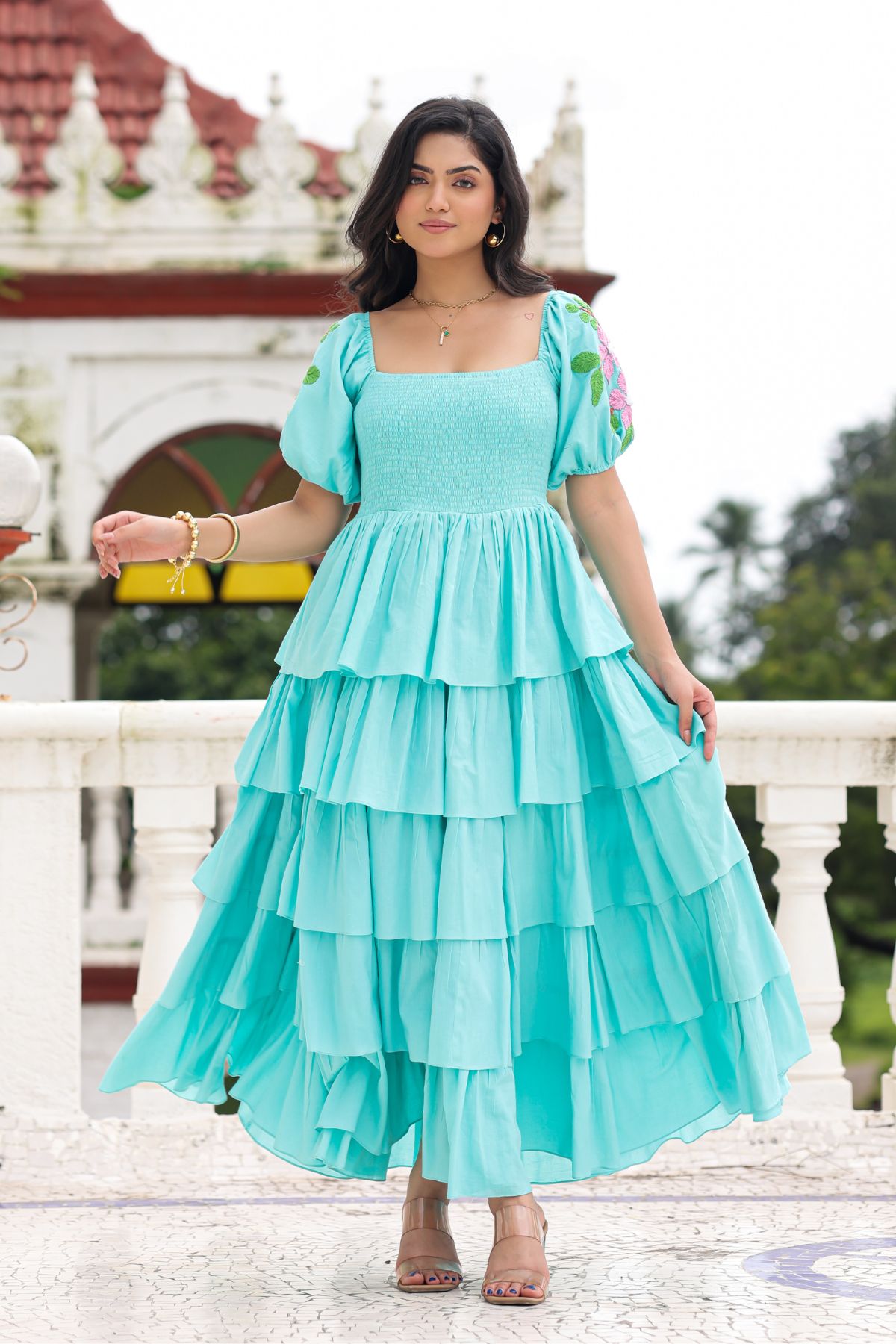 Tiered aqua maxi dress, outdoor setting