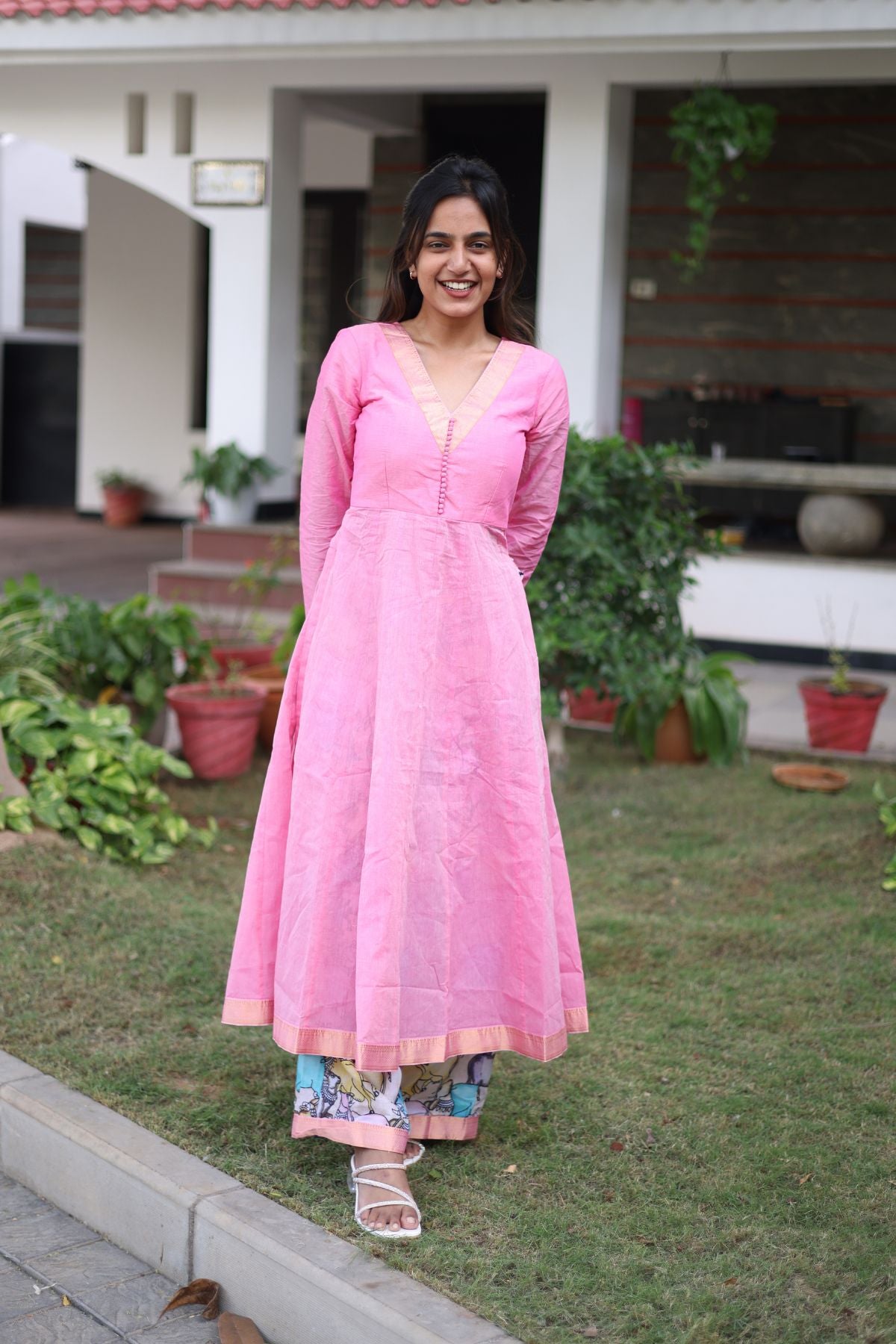 Front view of Peony Kurta Set in Pink