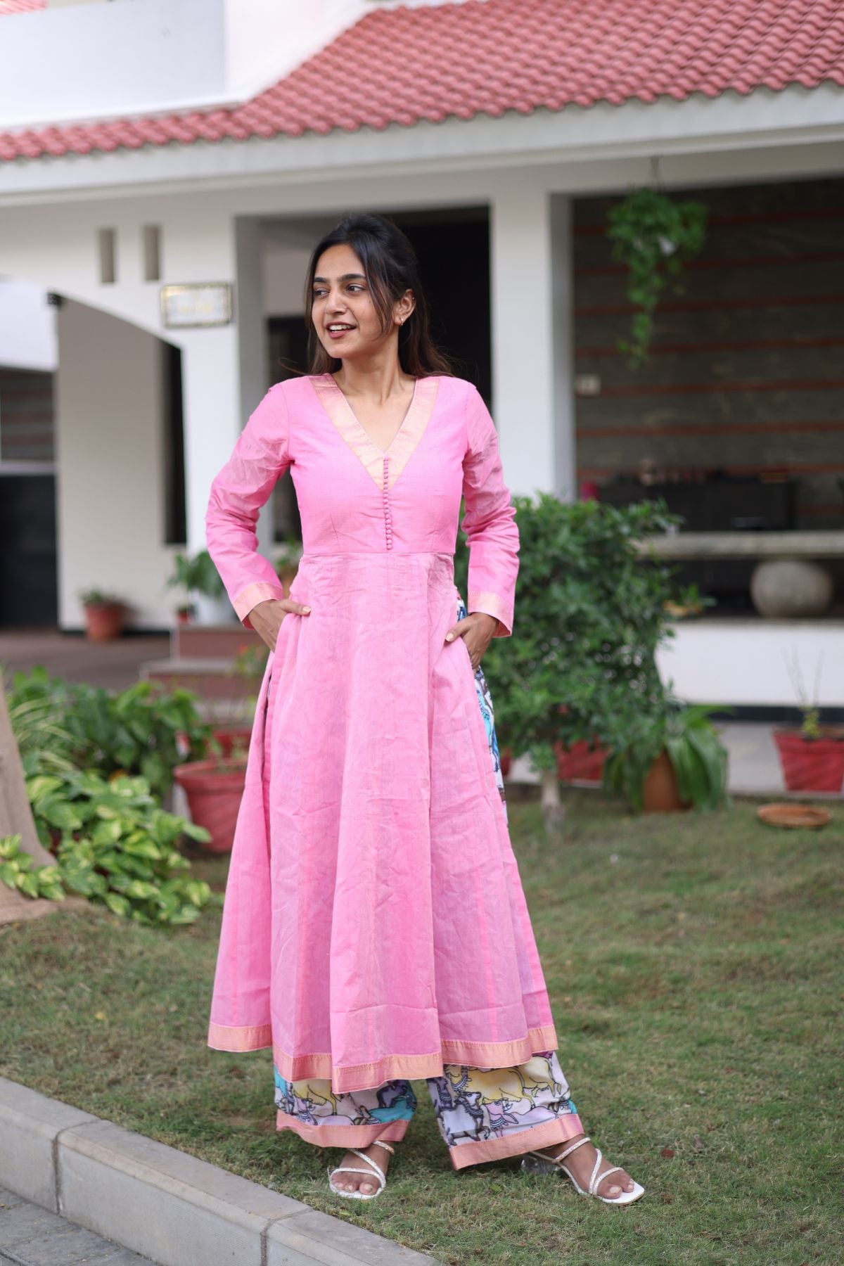 Peony Kurta Set in Pink, outdoor setting