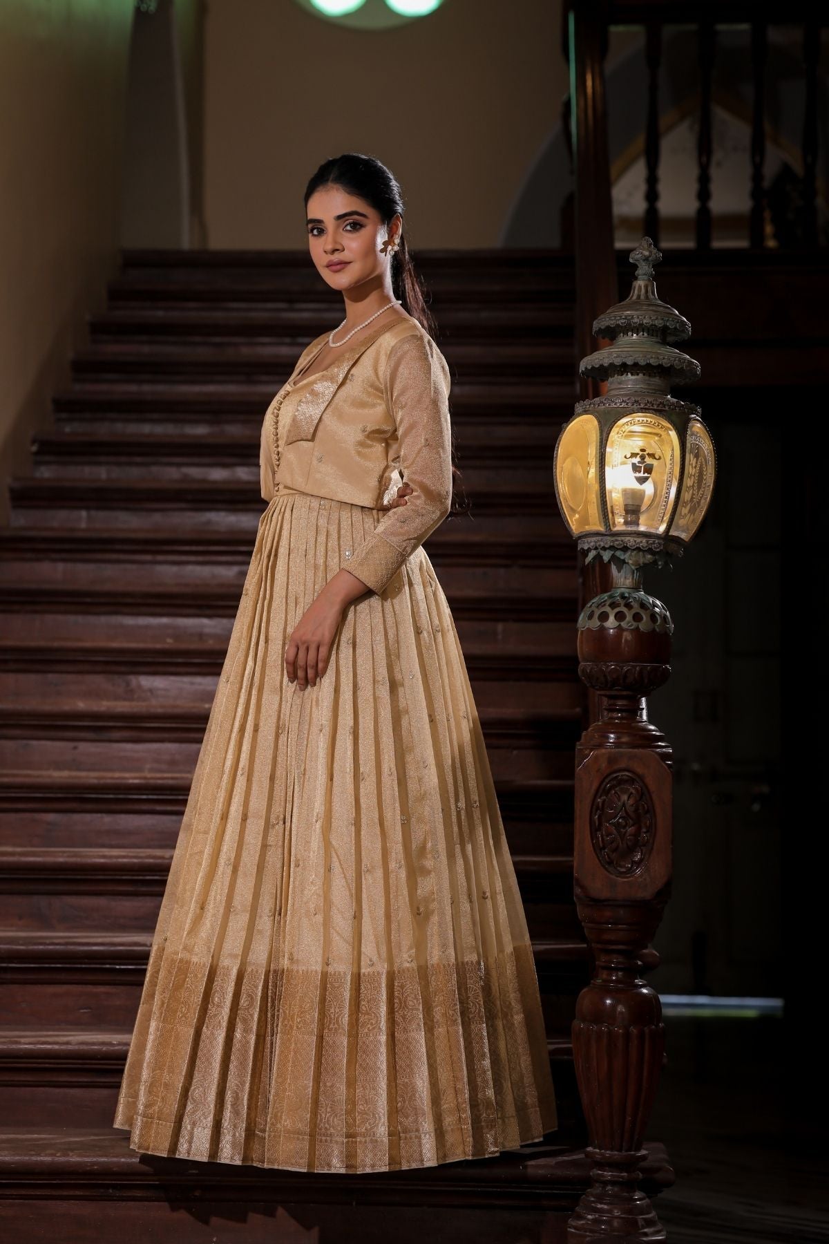 Nainika Zari Tissue Dress in Golden