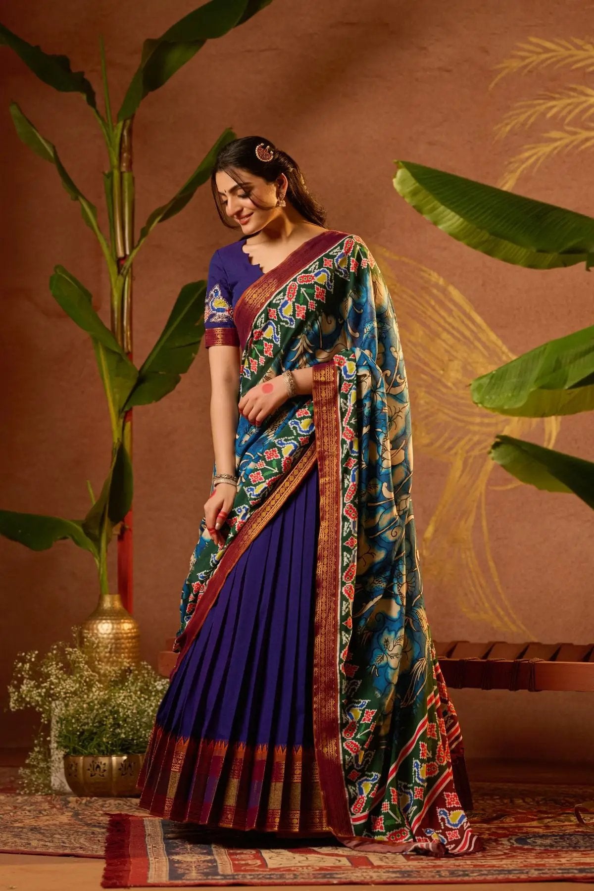 Graceful drape of Shloka Kalamkari Lehenga Set in Blue, ideal for cultural events and weddings.