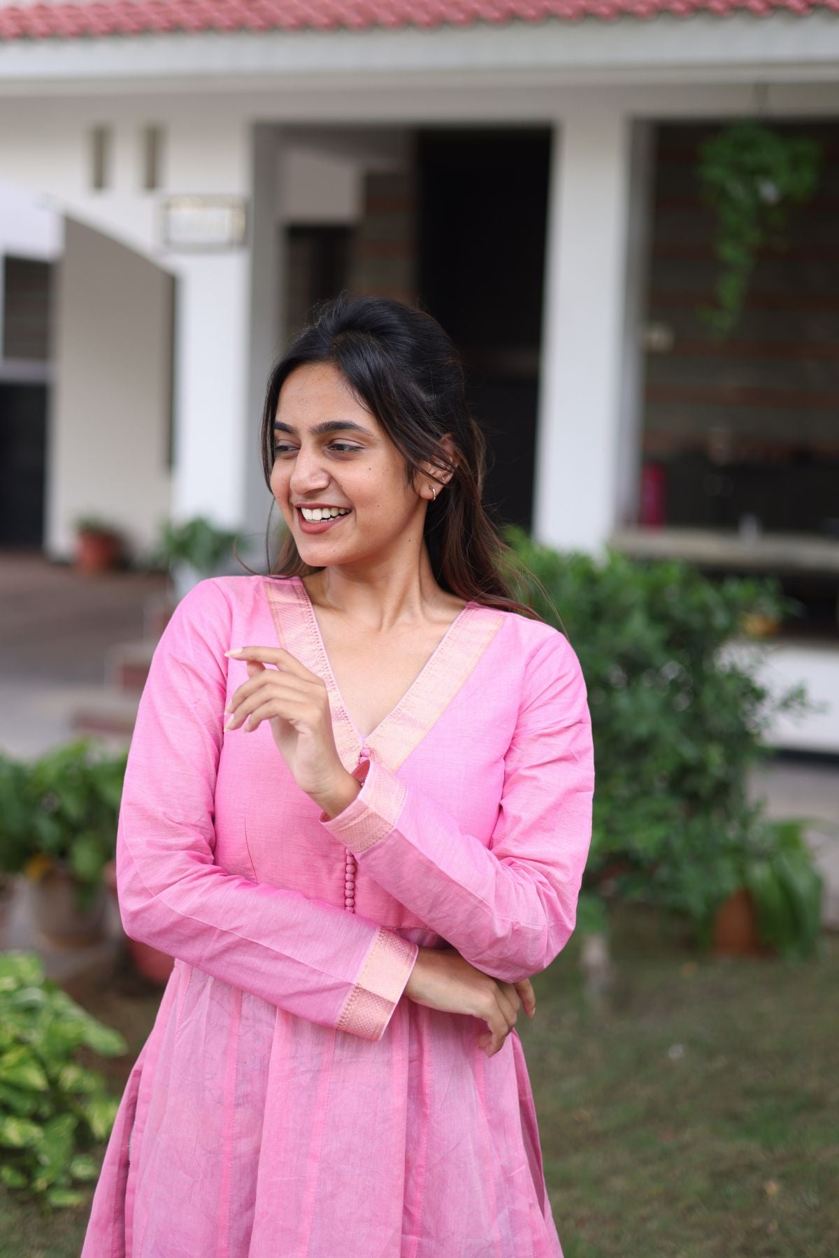 Model wearing Peony Kurta Set in Pink