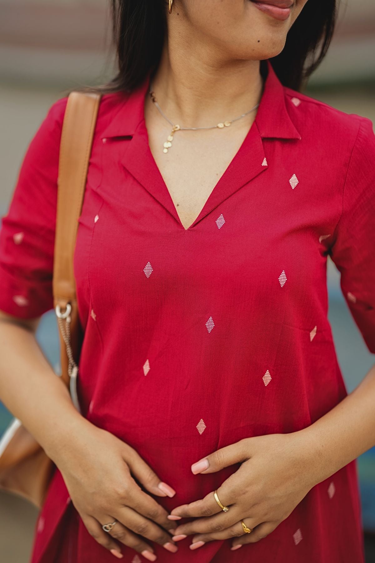 Close-up of the Syahi Co-ord Set in Red, showcasing intricate embroidery on the soft fabric. Elegant and comfortable kurta set at bullionknot.