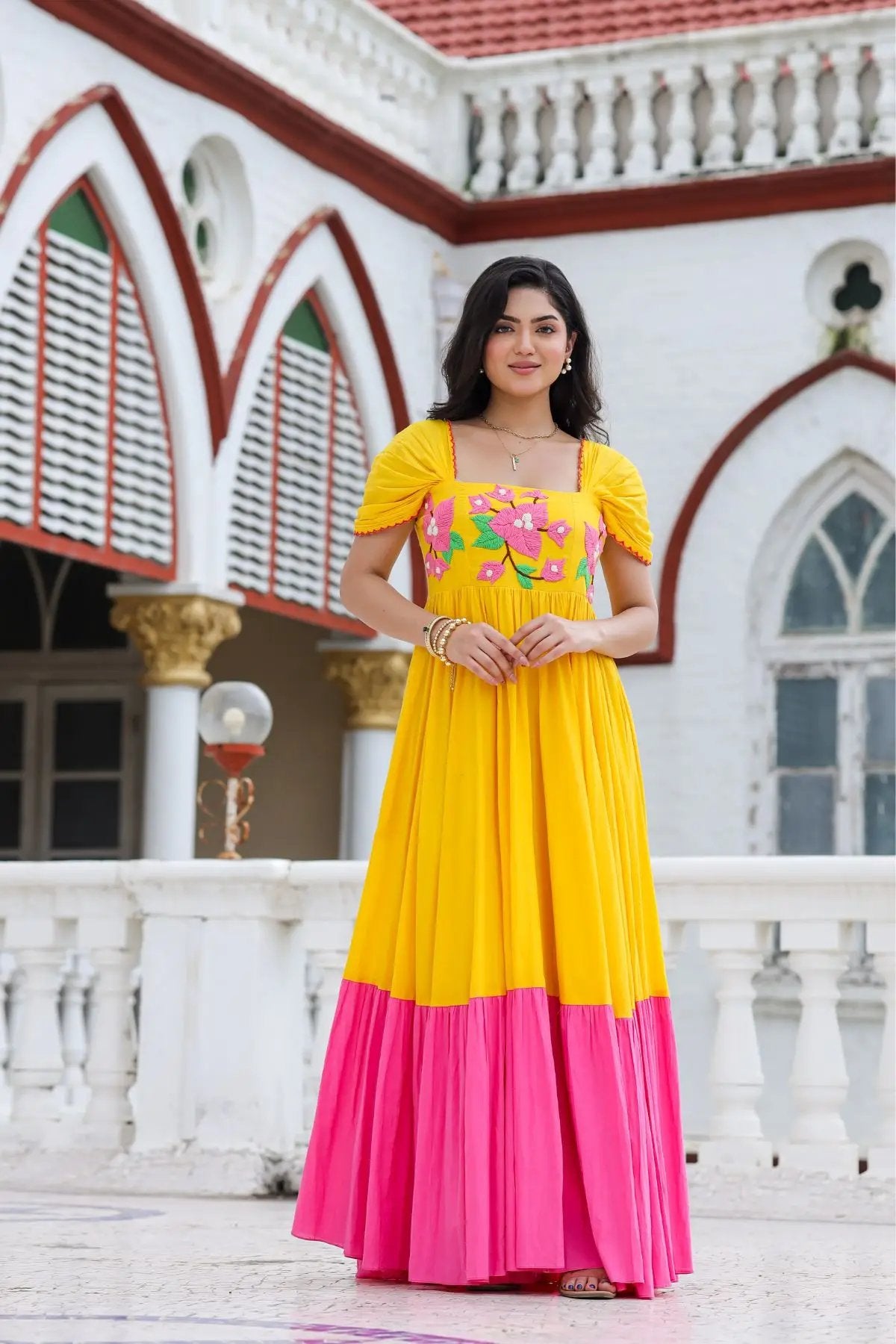 Elegant Daffodil Dream Maxi Dress in yellow with pink hem