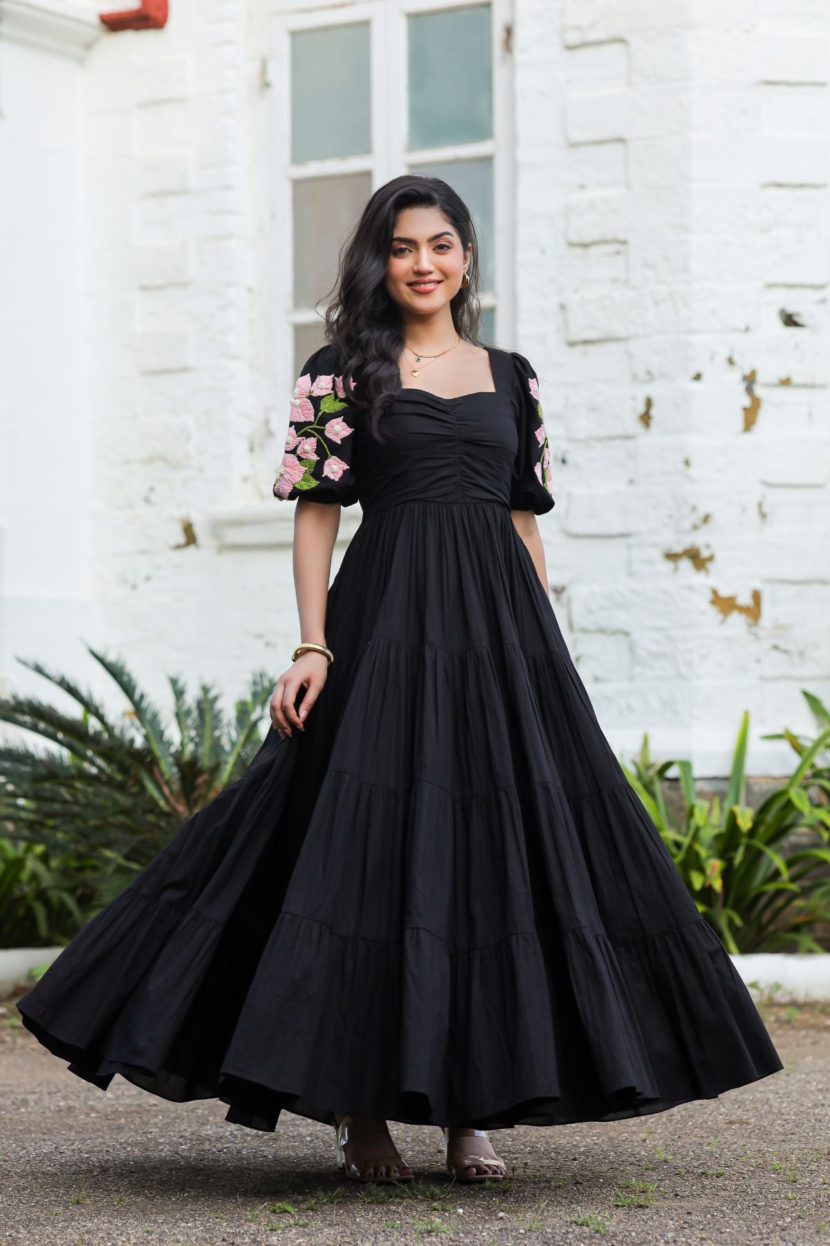 Bougainvillea Maxi Dress in black with floral sleeves