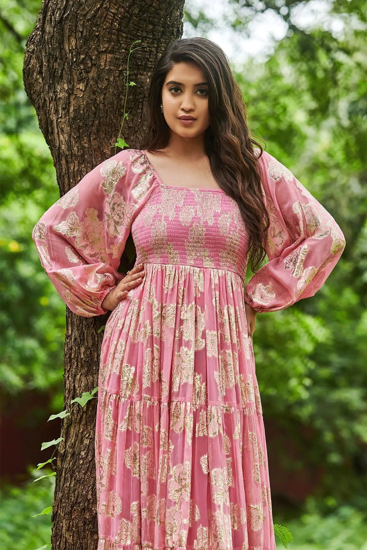 Sitara Floral Zari Maxi (Dress) in Pink