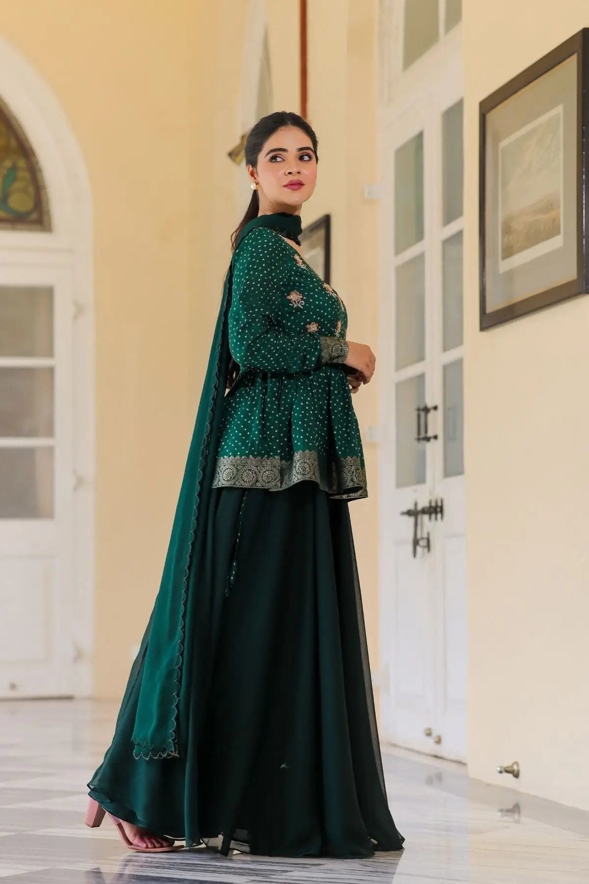 Side view of Sanika Indo-Western dress, deep green elegance