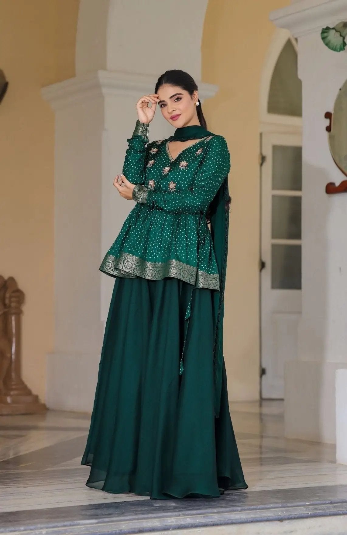 Model wearing Sanika Indo-Western dress, elegant pose