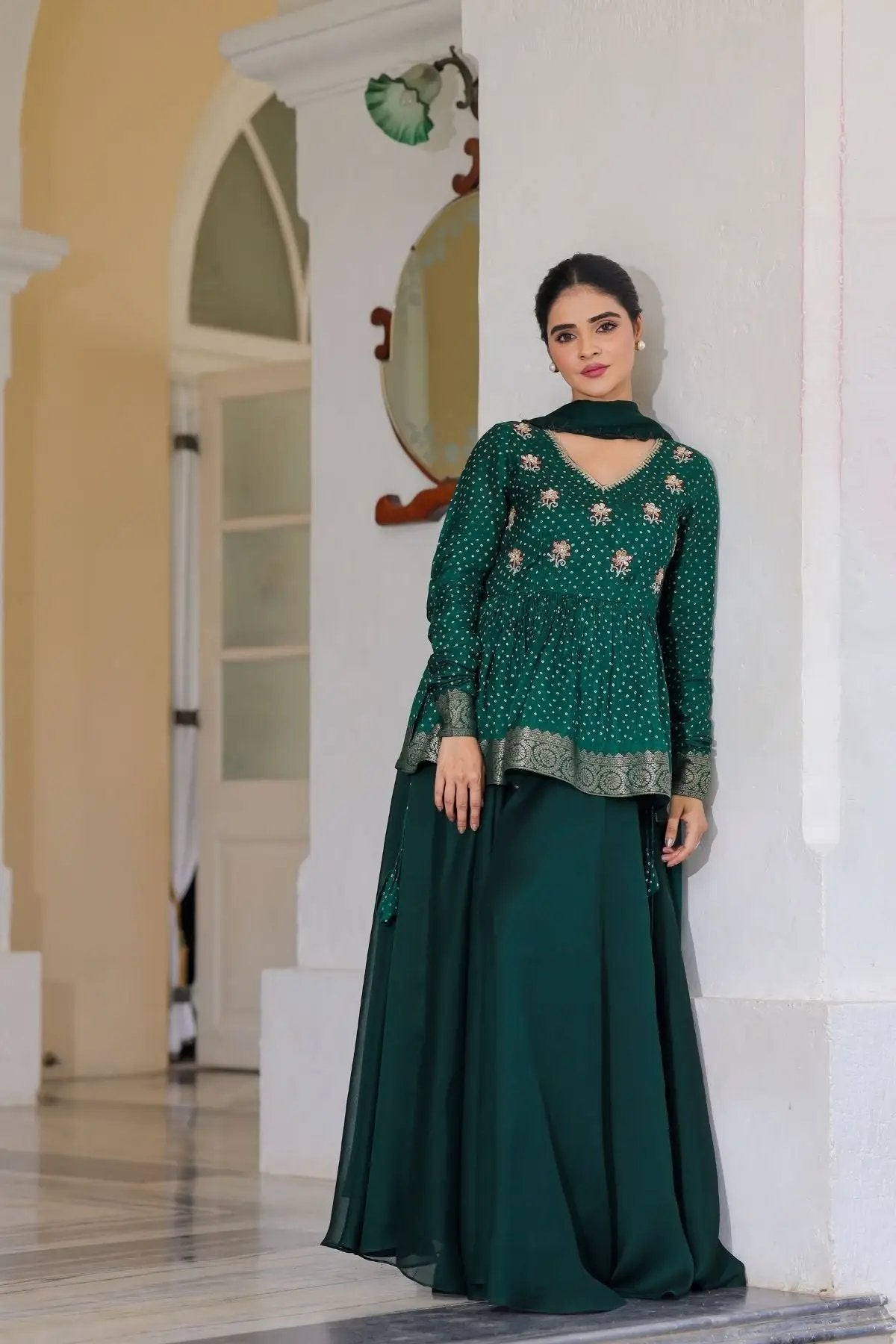 Sanika Indo-Western dress, deep green with intricate design