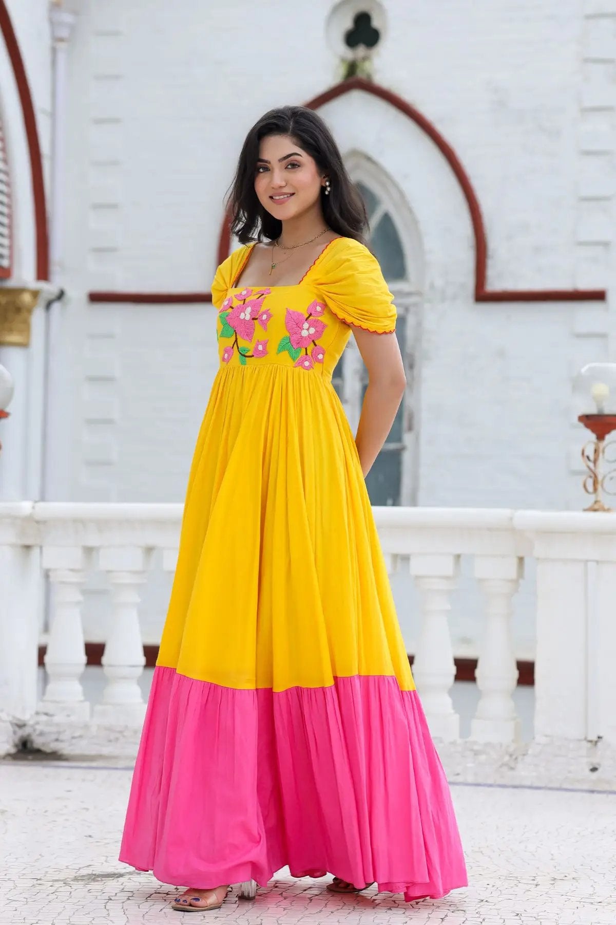 Front view of yellow and pink Daffodil Dream Maxi Dress