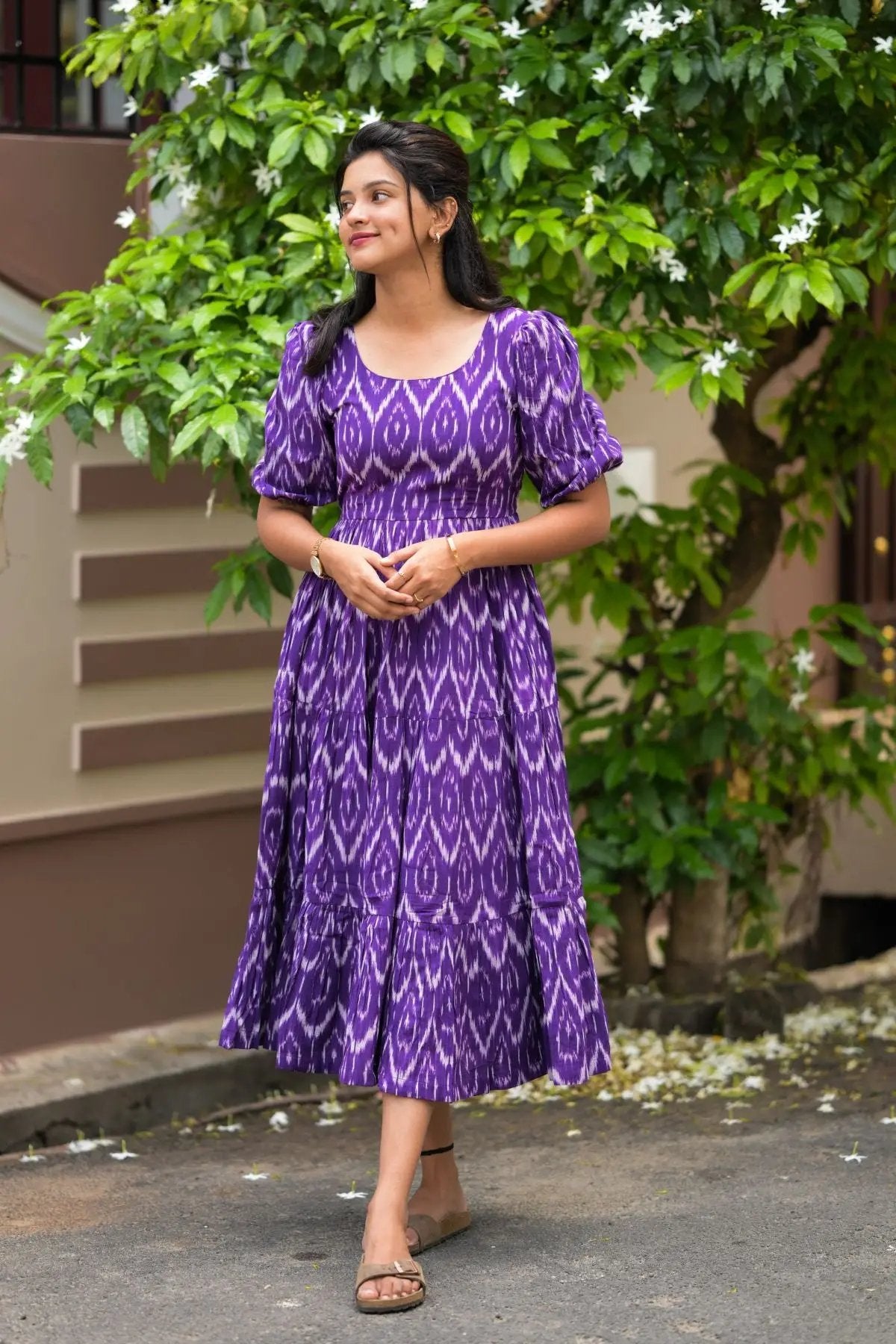 Exclusive Ikkashi Ikkat Midi Dress in Violet with puff sleeves and a flared silhouette. Perfect for formal and casual wear, available at bullionknot.