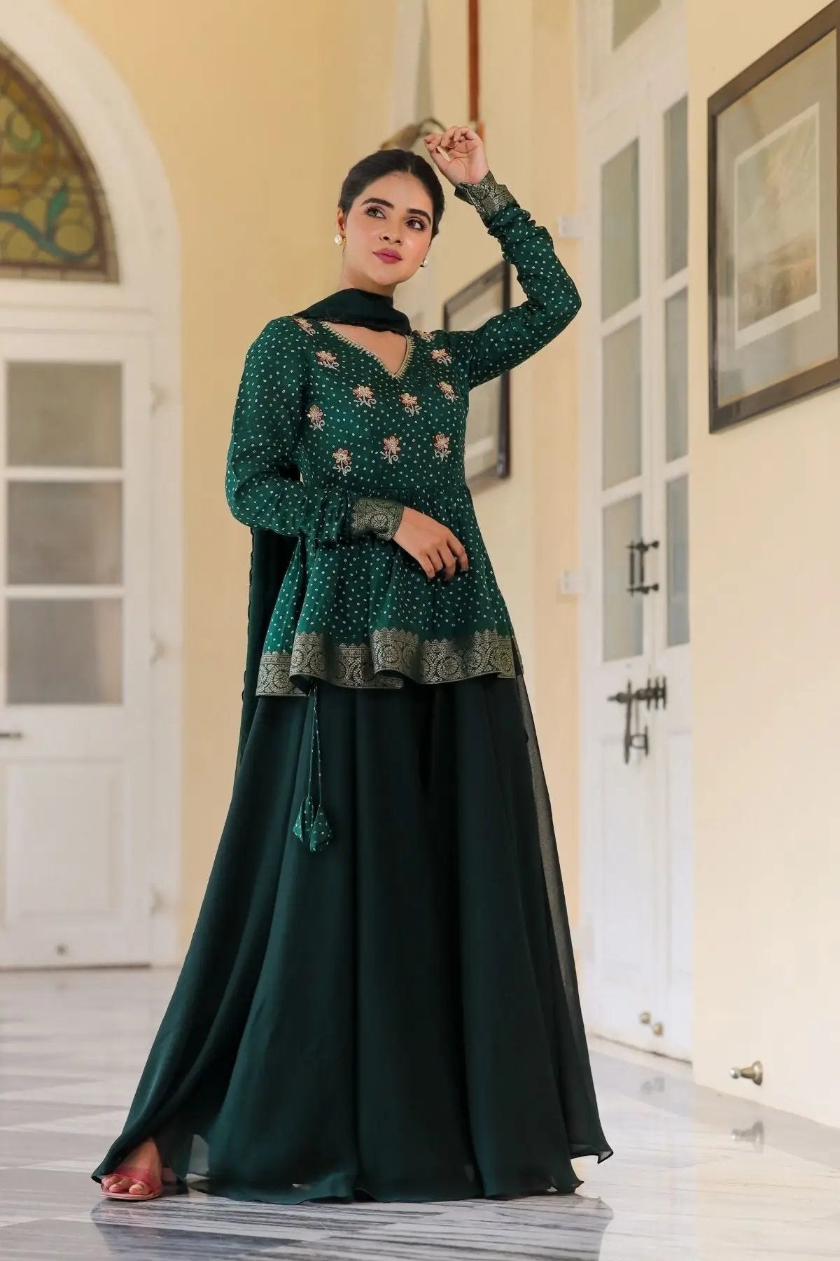 Sanika Indo-Western dress in deep green, full view