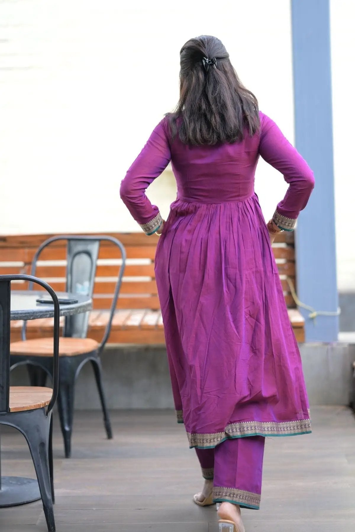 Back view of Kalyani Kurta Set in Purple, outdoor setting