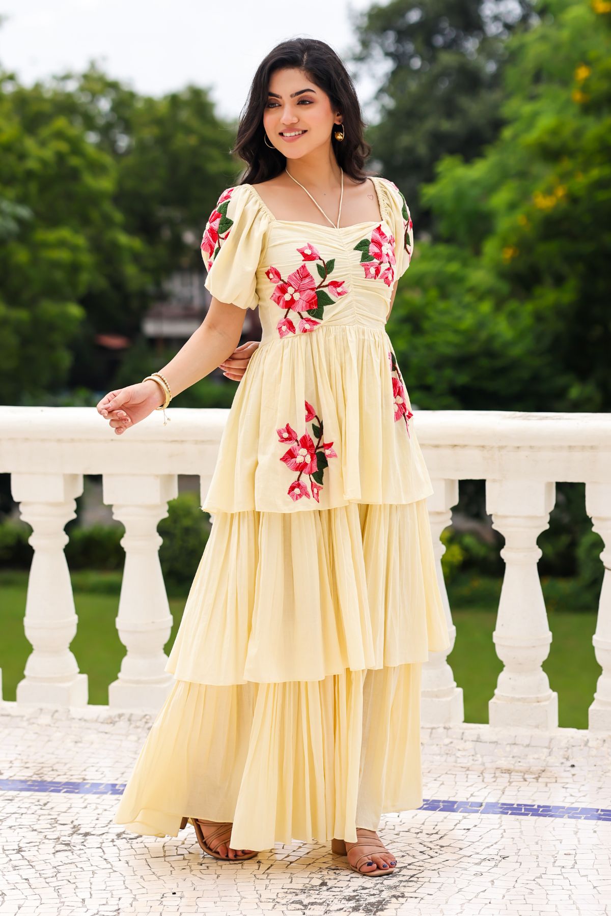 Vanilla Maxi Dress with intricate floral embroidery