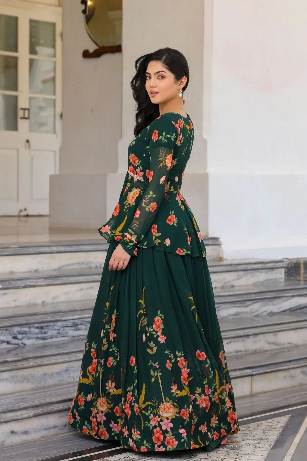 Side view of green floral IndoWestern ethnic dress