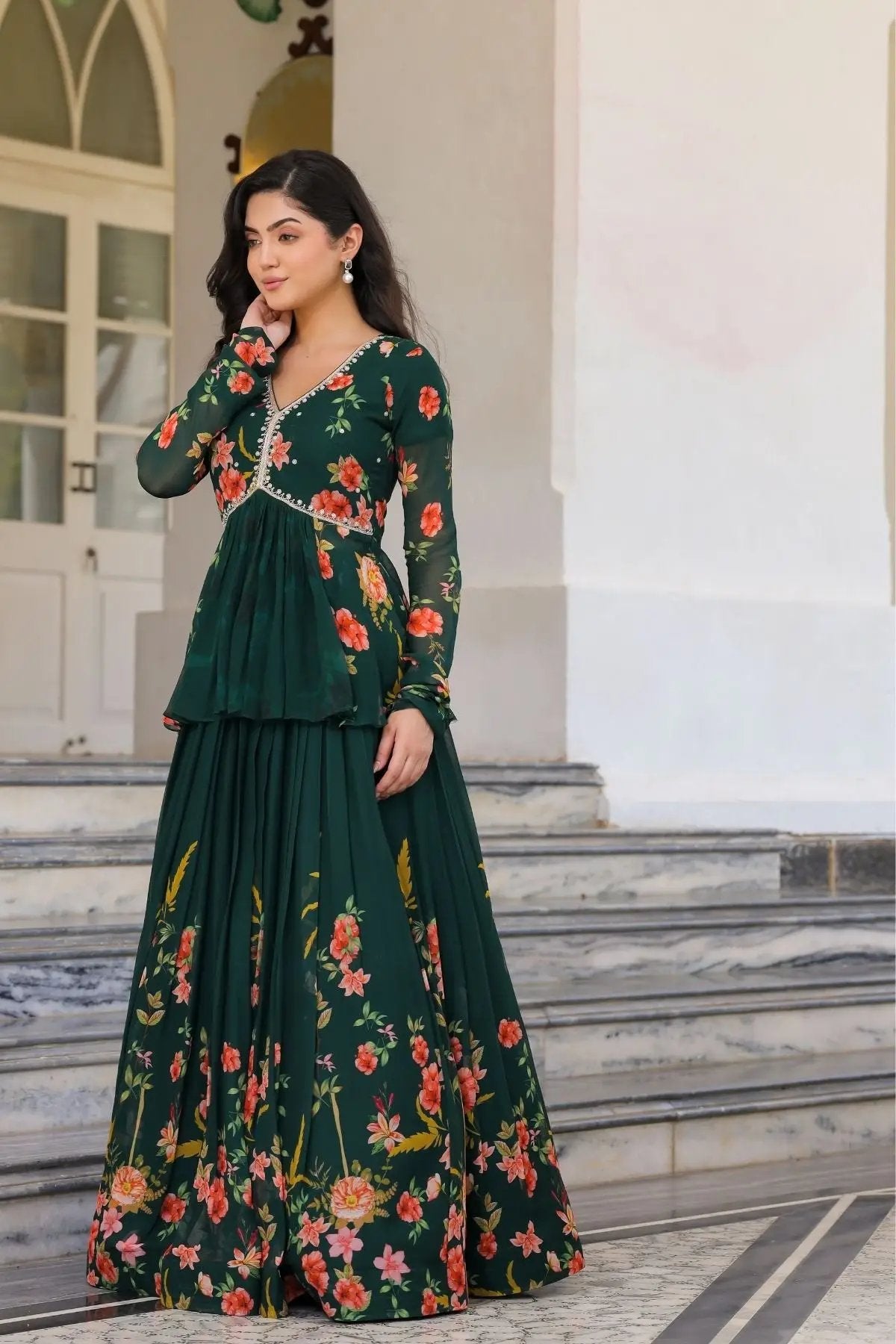 Green IndoWestern dress with intricate floral design