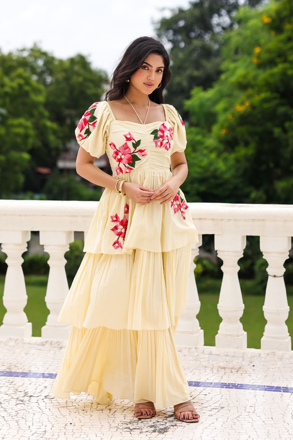 Delight Petal Maxi Dress in Vanilla with floral embroidery