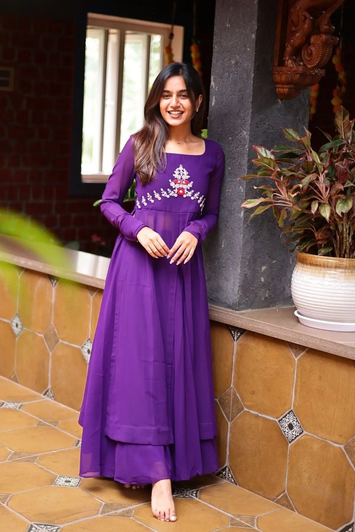 Grape Palazzo Set in Purple with floral embroidery