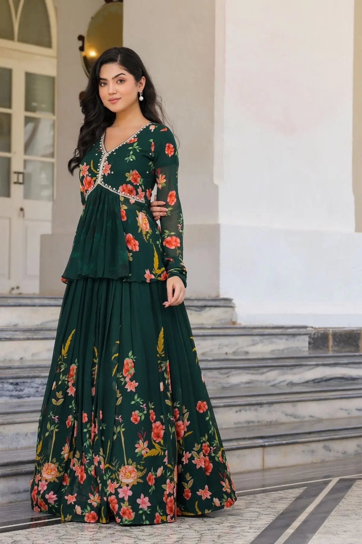 Full view of green floral IndoWestern ethnic dress