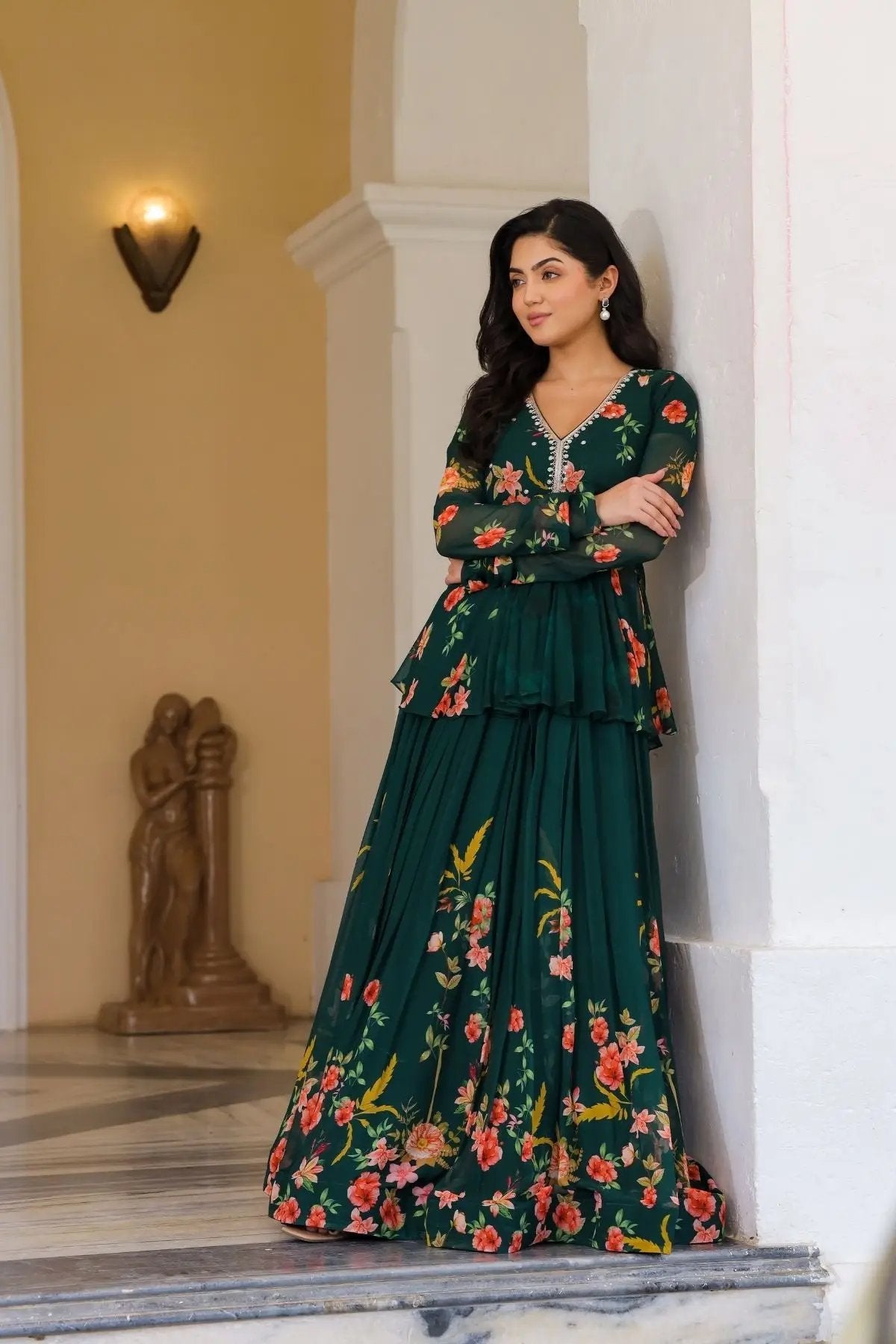 Stylish green IndoWestern dress with floral accents