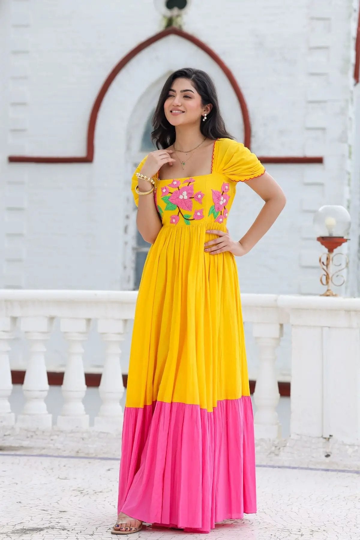 Stylish Daffodil Dream Maxi Dress in yellow with floral accents